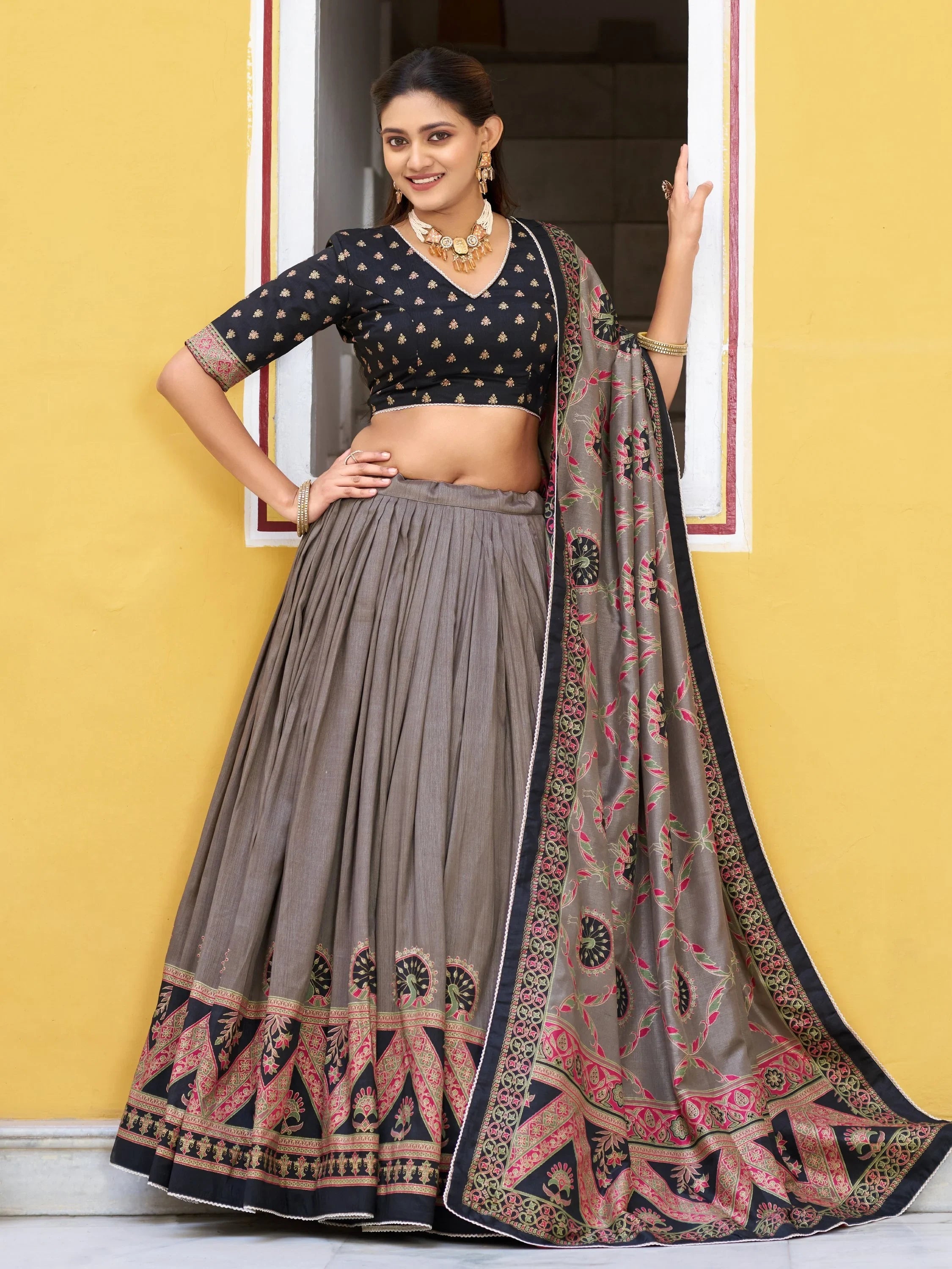 Black Spectacular Digital Printed Silk Marriage Wear Lehenga With Choli