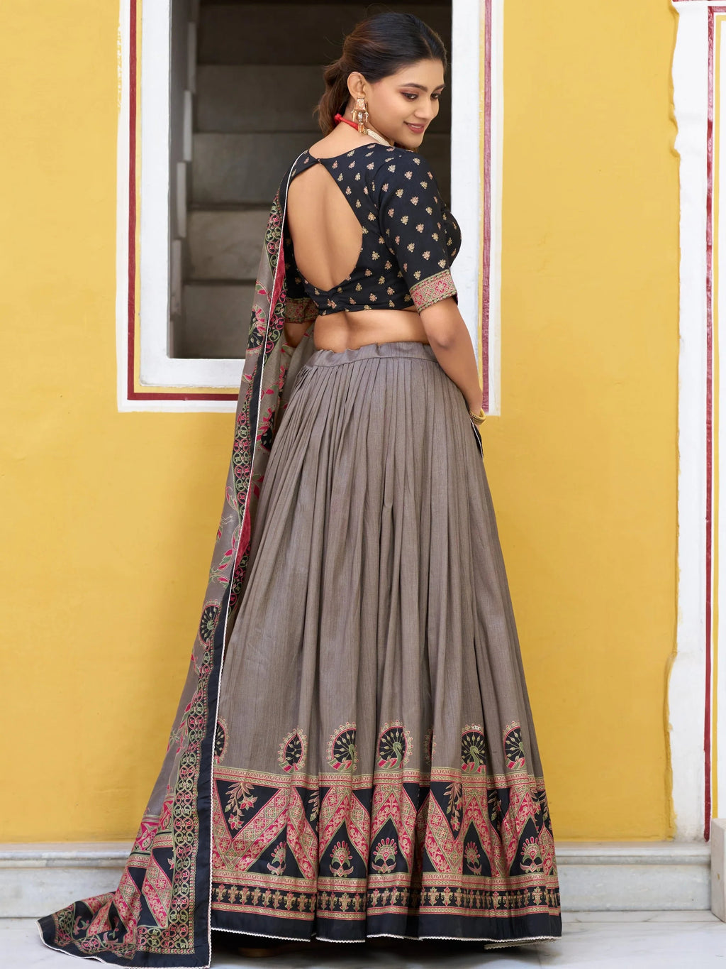 Black Spectacular Digital Printed Silk Marriage Wear Lehenga With Choli