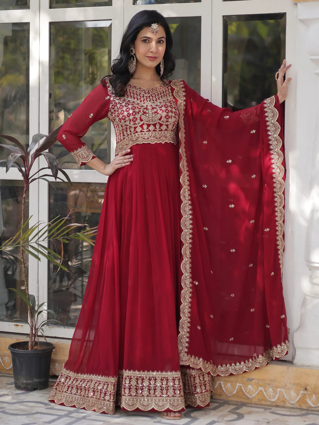 Maroon Classic Embroidered Georgette Wedding Wear Gown With Dupatta