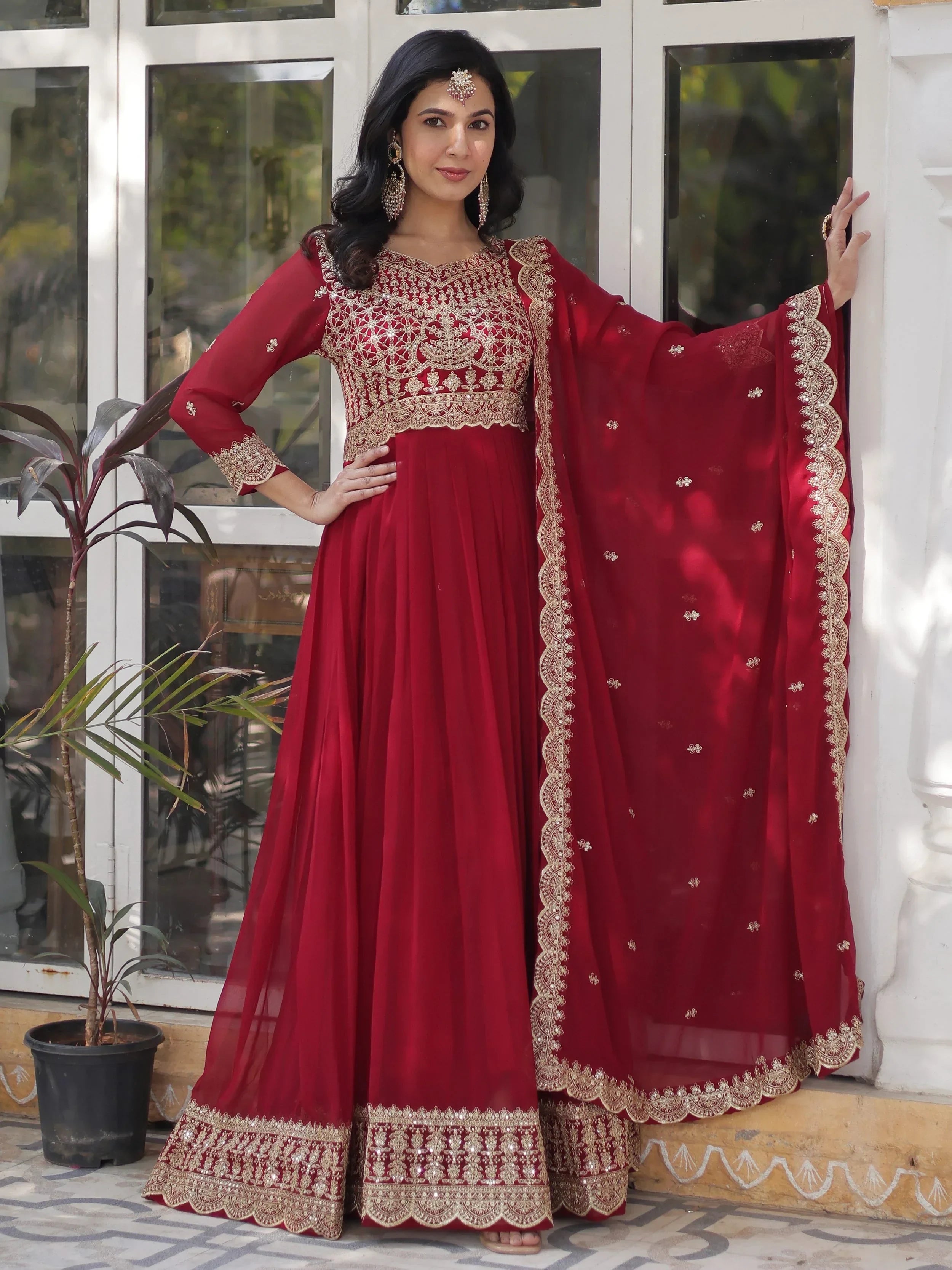 Maroon Classic Embroidered Georgette Wedding Wear Gown With Dupatta