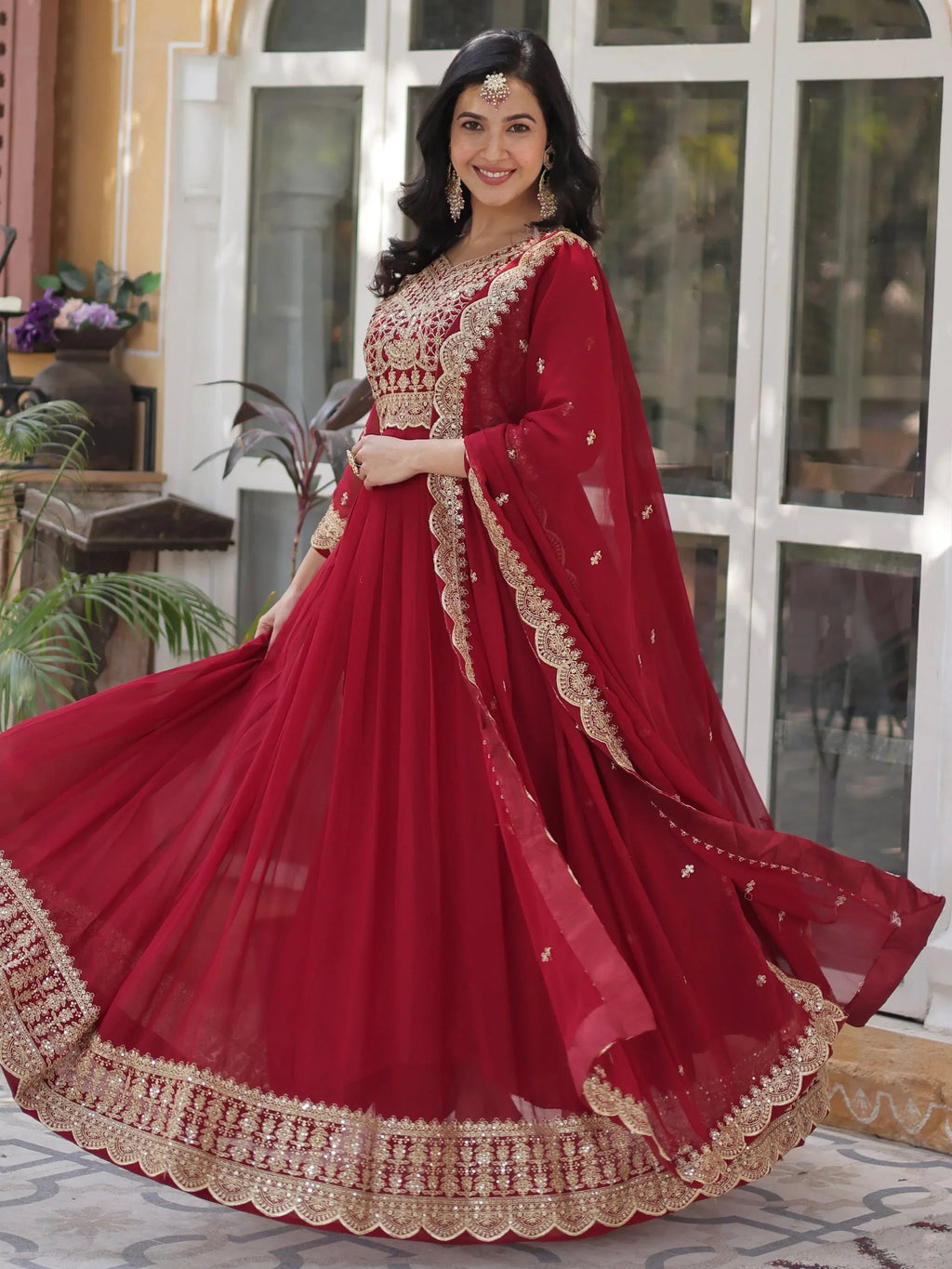 Maroon Classic Embroidered Georgette Wedding Wear Gown With Dupatta