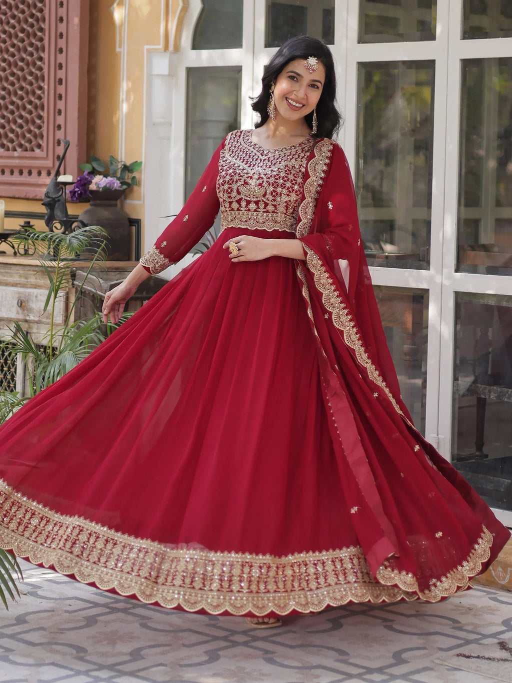 Maroon Classic Embroidered Georgette Wedding Wear Gown With Dupatta