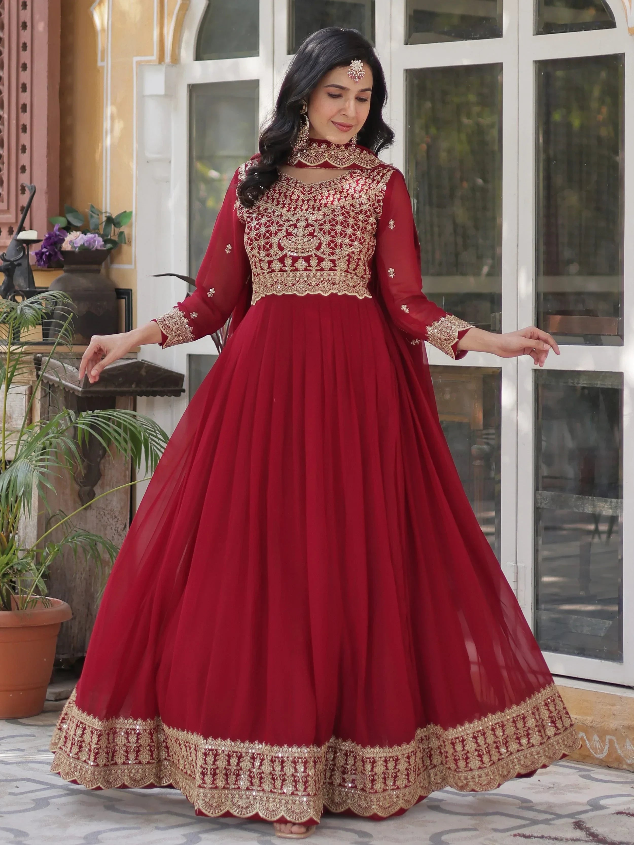 Maroon Classic Embroidered Georgette Wedding Wear Gown With Dupatta