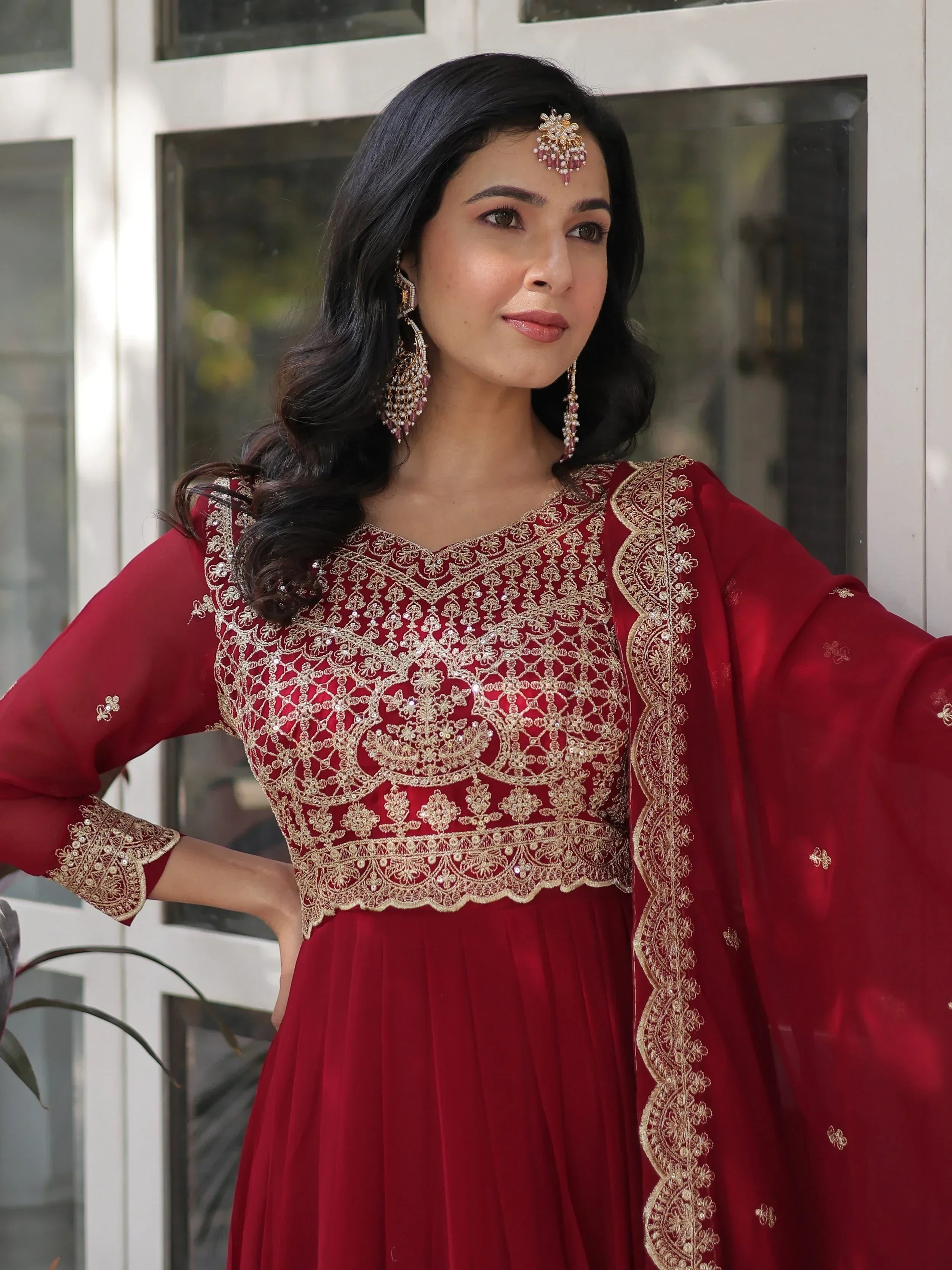Maroon Classic Embroidered Georgette Wedding Wear Gown With Dupatta
