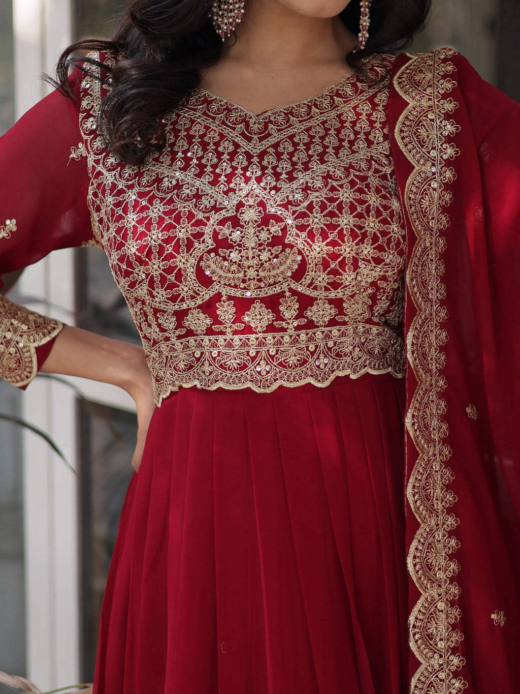 Maroon Classic Embroidered Georgette Wedding Wear Gown With Dupatta