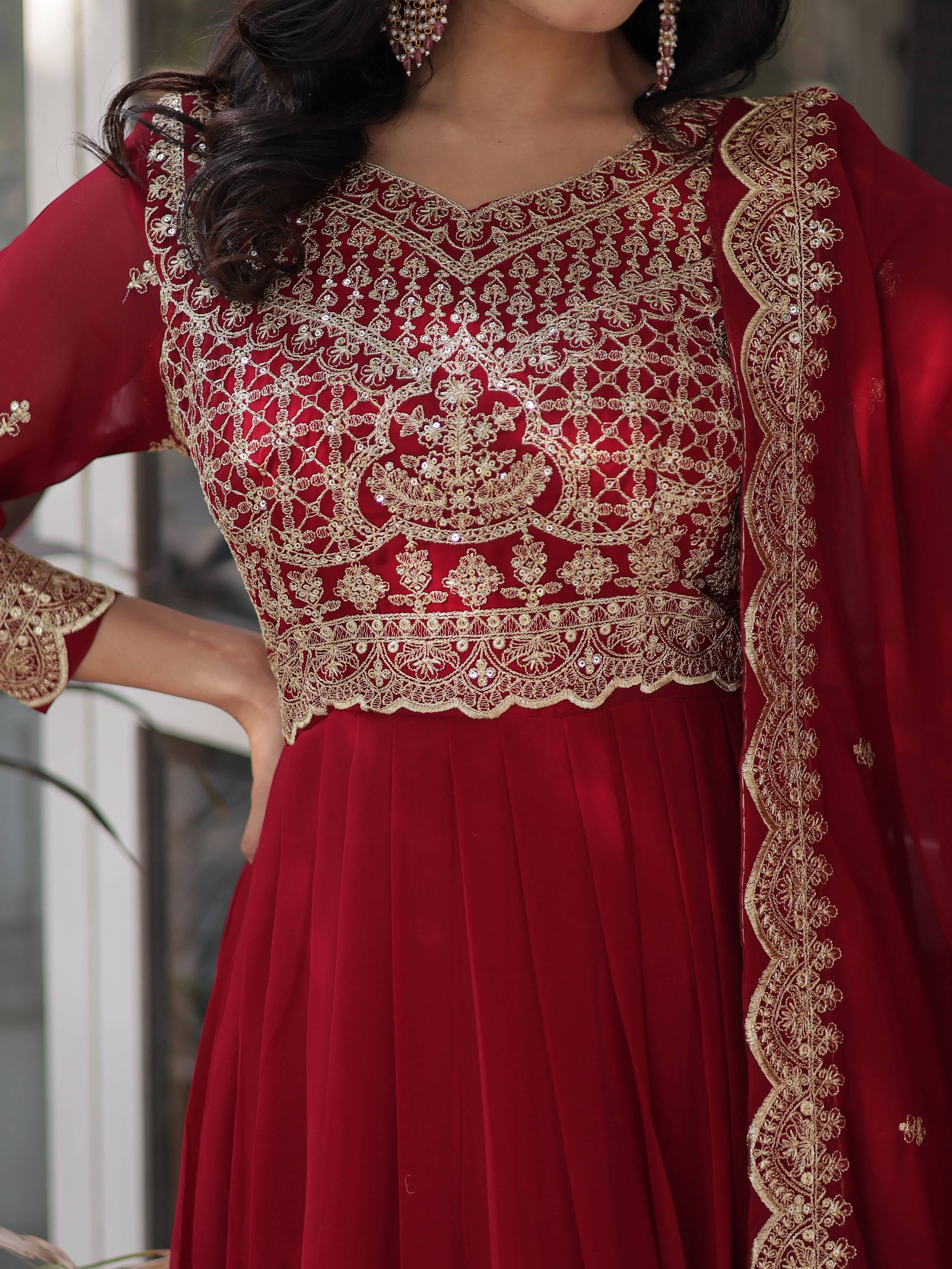 Maroon Classic Embroidered Georgette Wedding Wear Gown With Dupatta