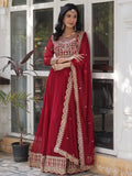 Maroon Classic Embroidered Georgette Wedding Wear Gown With Dupatta