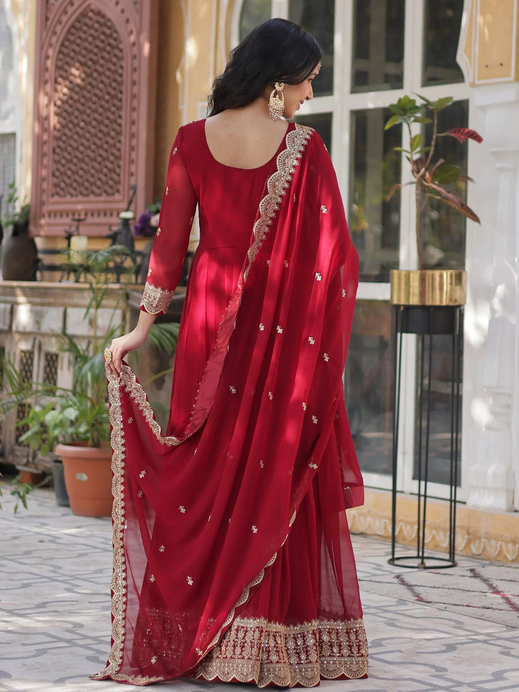 Maroon Classic Embroidered Georgette Wedding Wear Gown With Dupatta