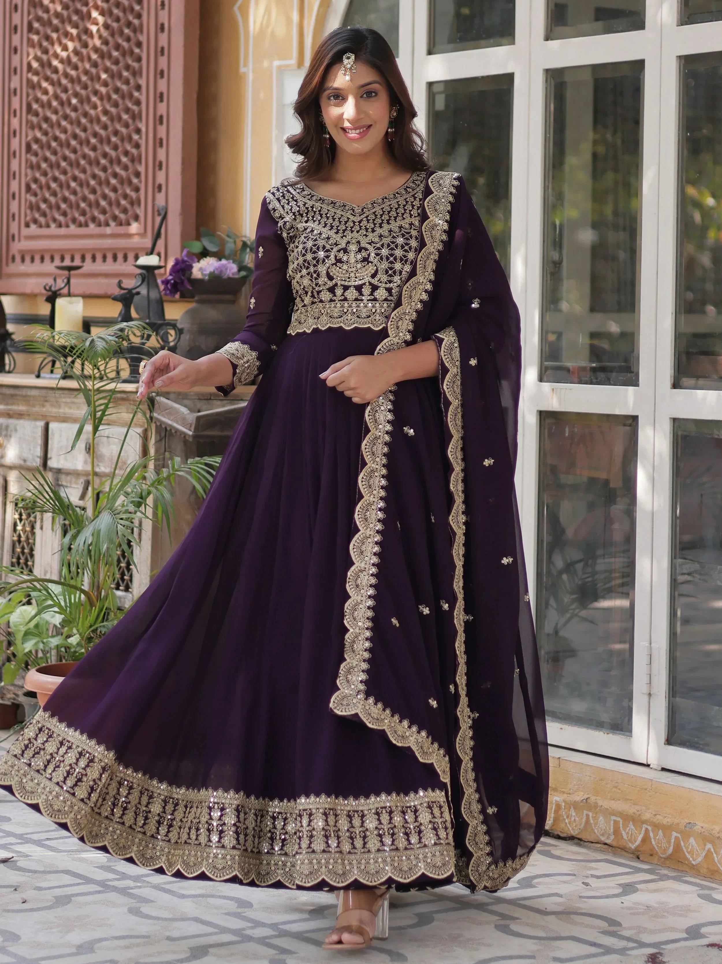 Purple Classic Embroidered Georgette Wedding Wear Gown With Dupatta