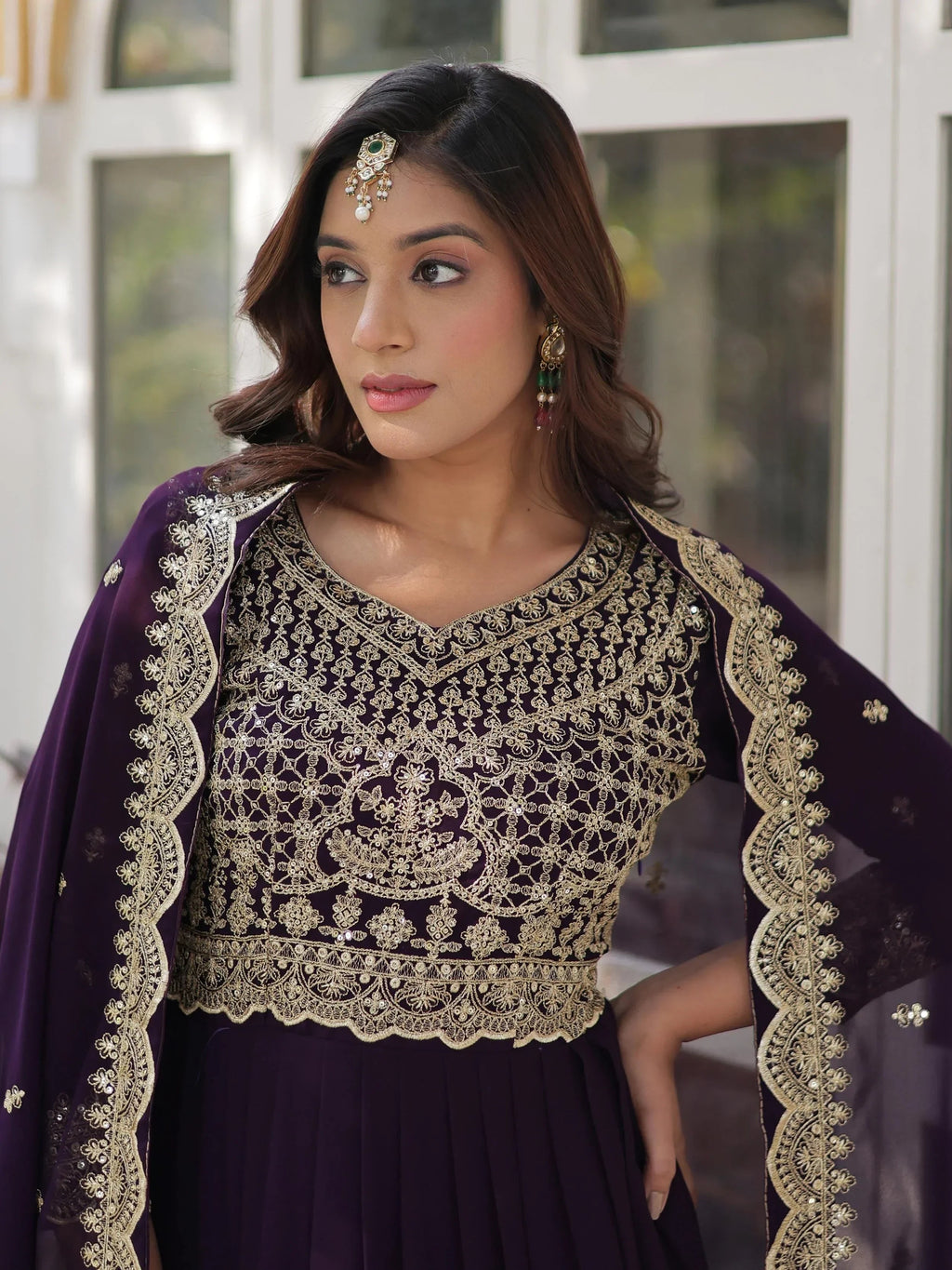 Purple Classic Embroidered Georgette Wedding Wear Gown With Dupatta