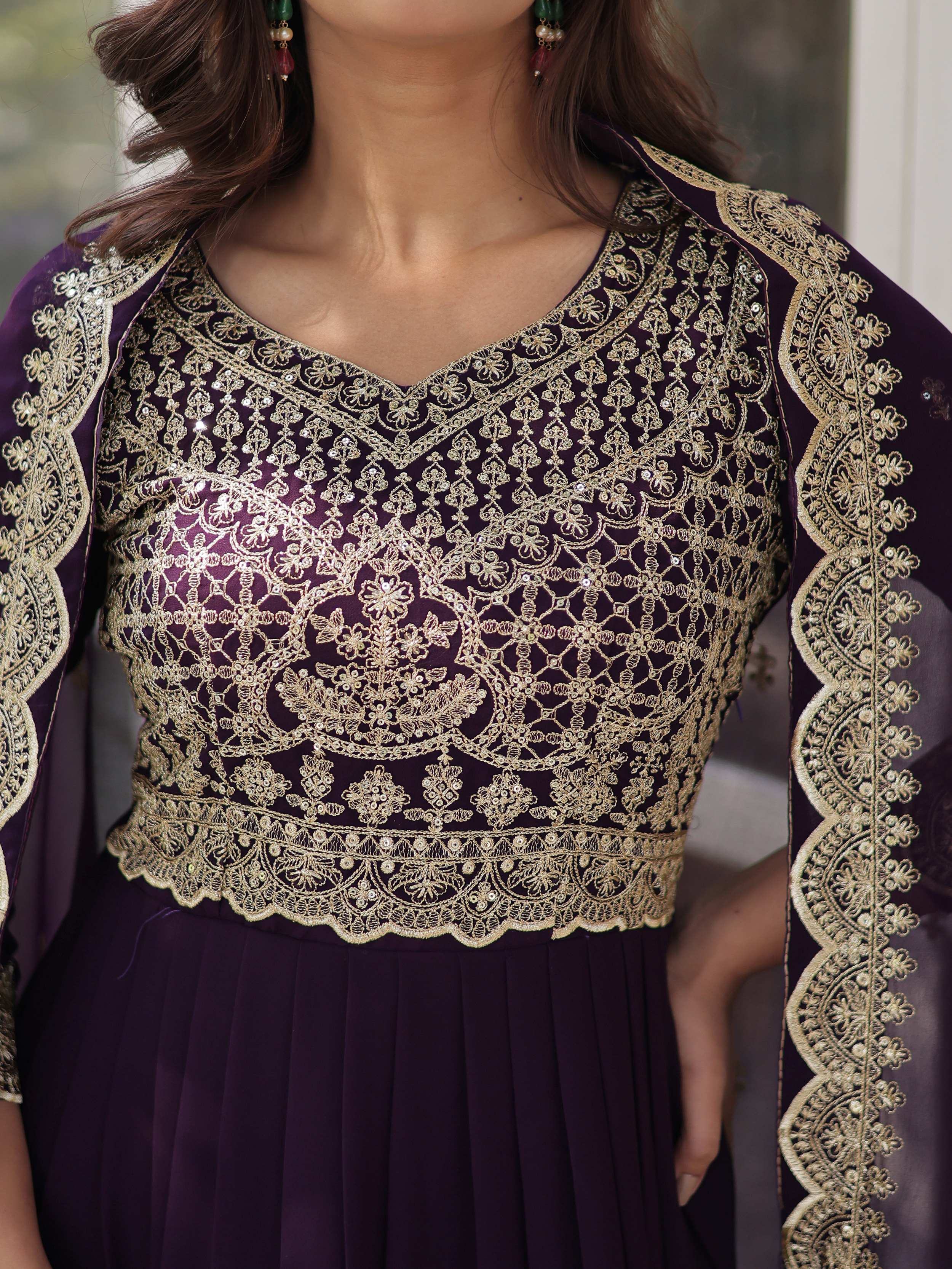 Purple Classic Embroidered Georgette Wedding Wear Gown With Dupatta