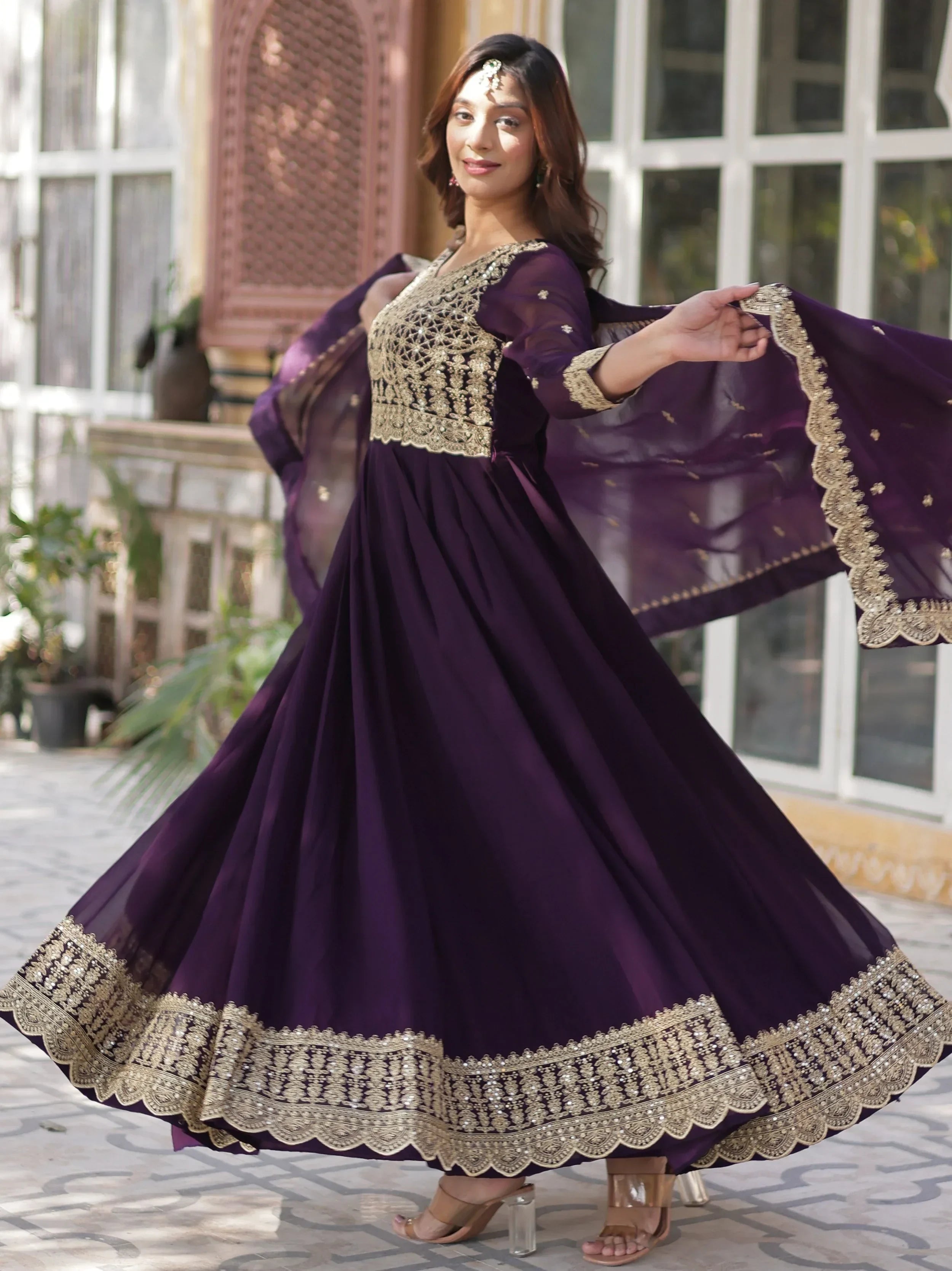 Purple Classic Embroidered Georgette Wedding Wear Gown With Dupatta