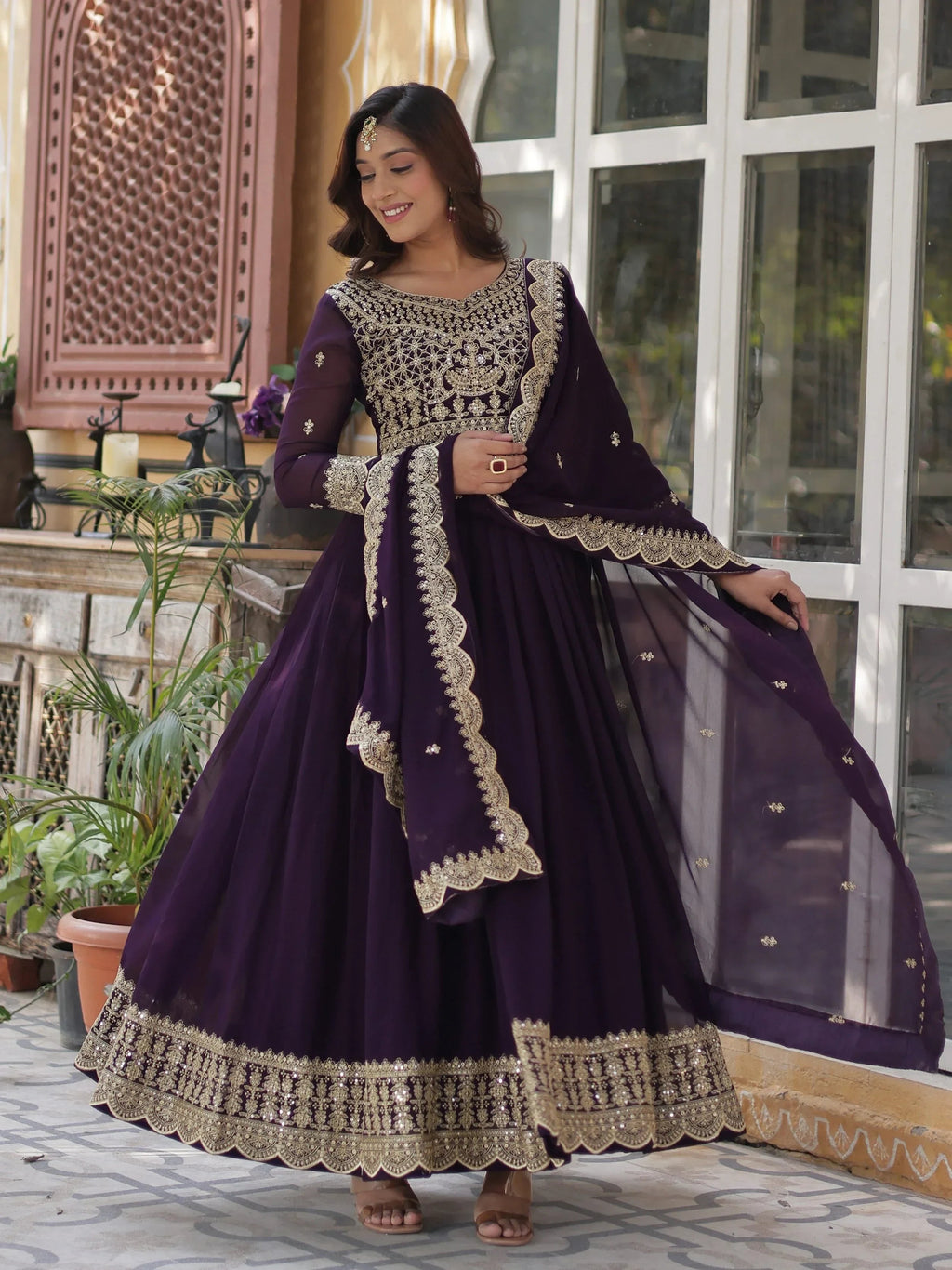 Purple Classic Embroidered Georgette Wedding Wear Gown With Dupatta