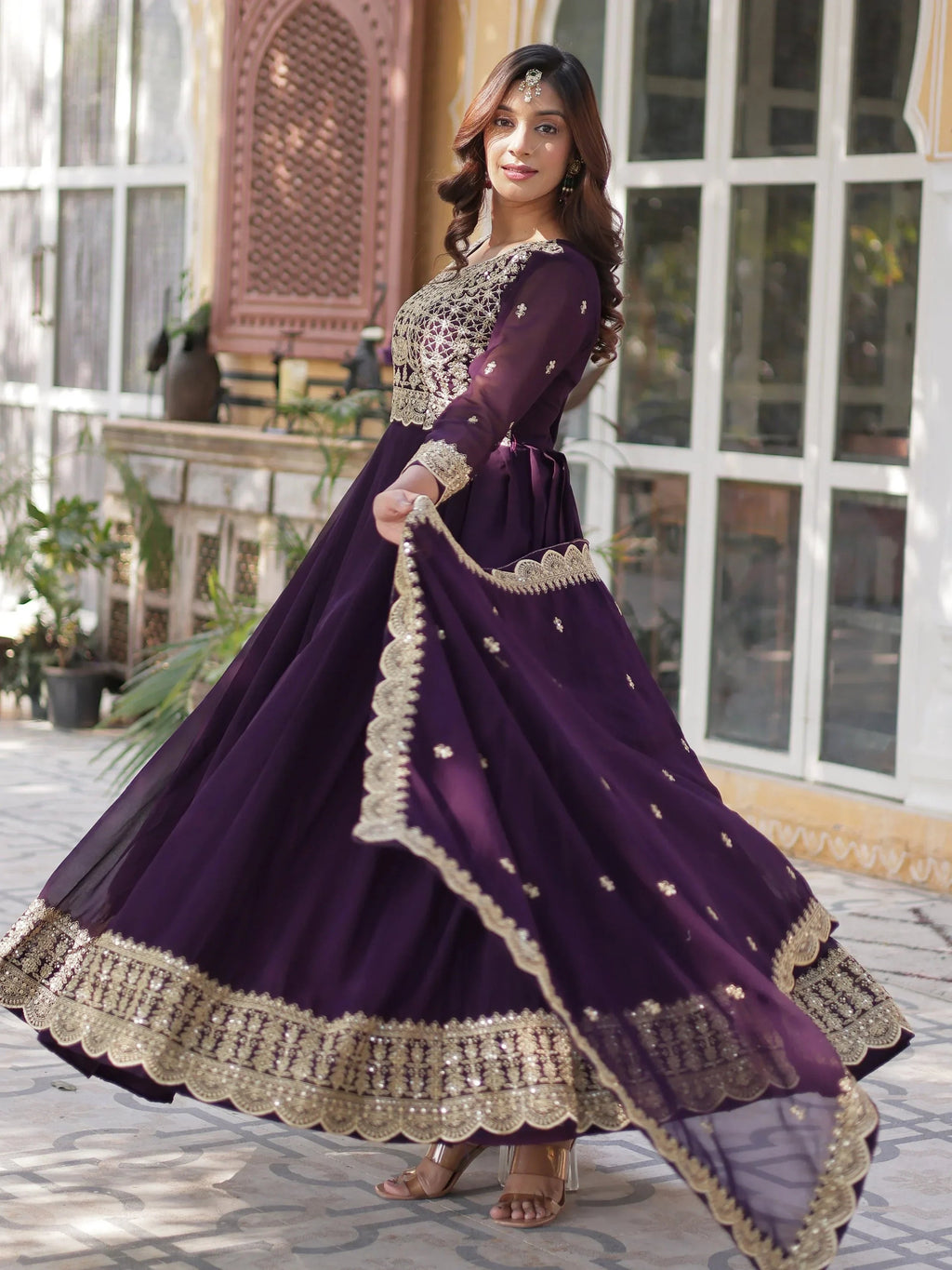 Purple Classic Embroidered Georgette Wedding Wear Gown With Dupatta