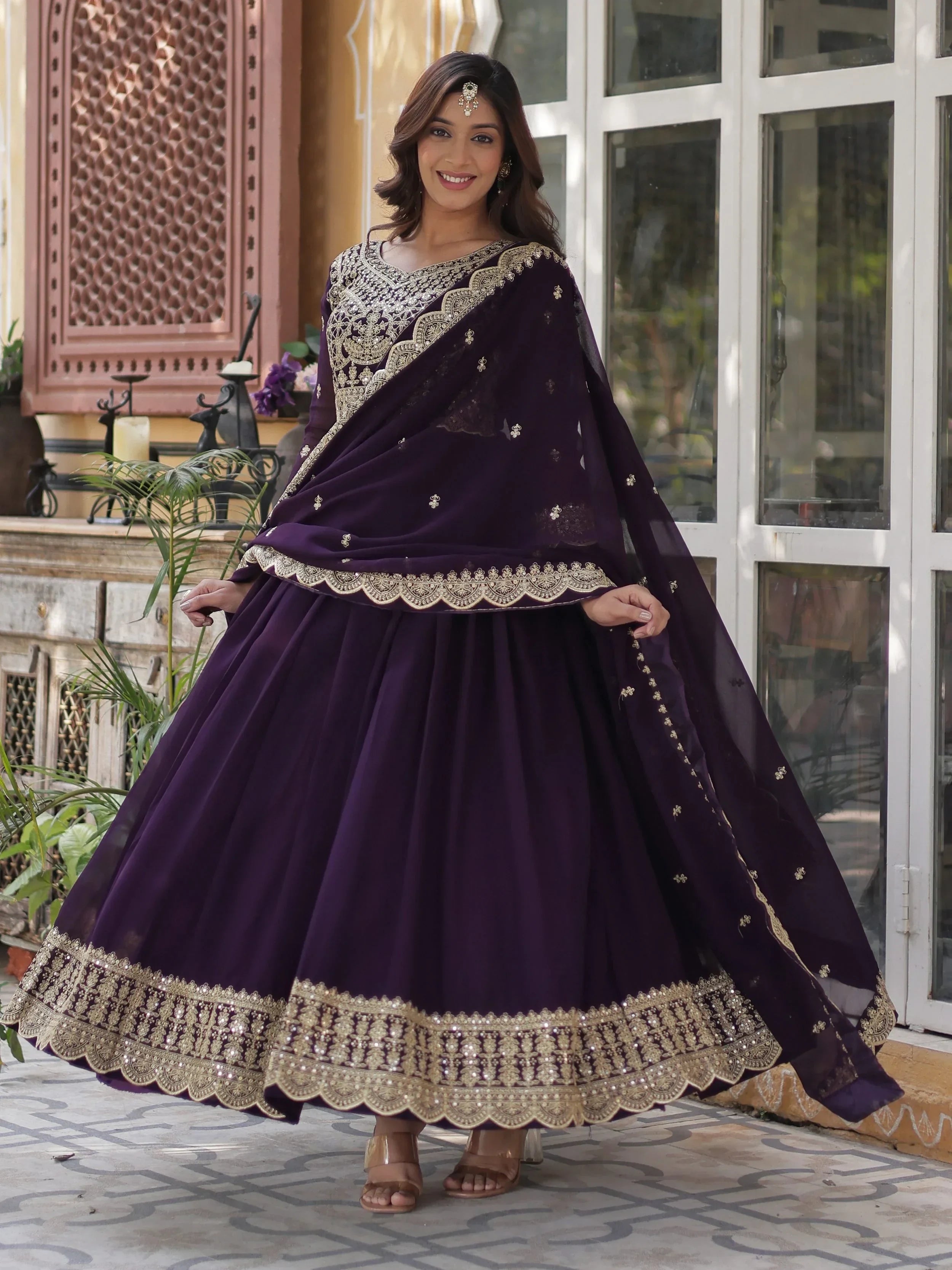 Purple Classic Embroidered Georgette Wedding Wear Gown With Dupatta