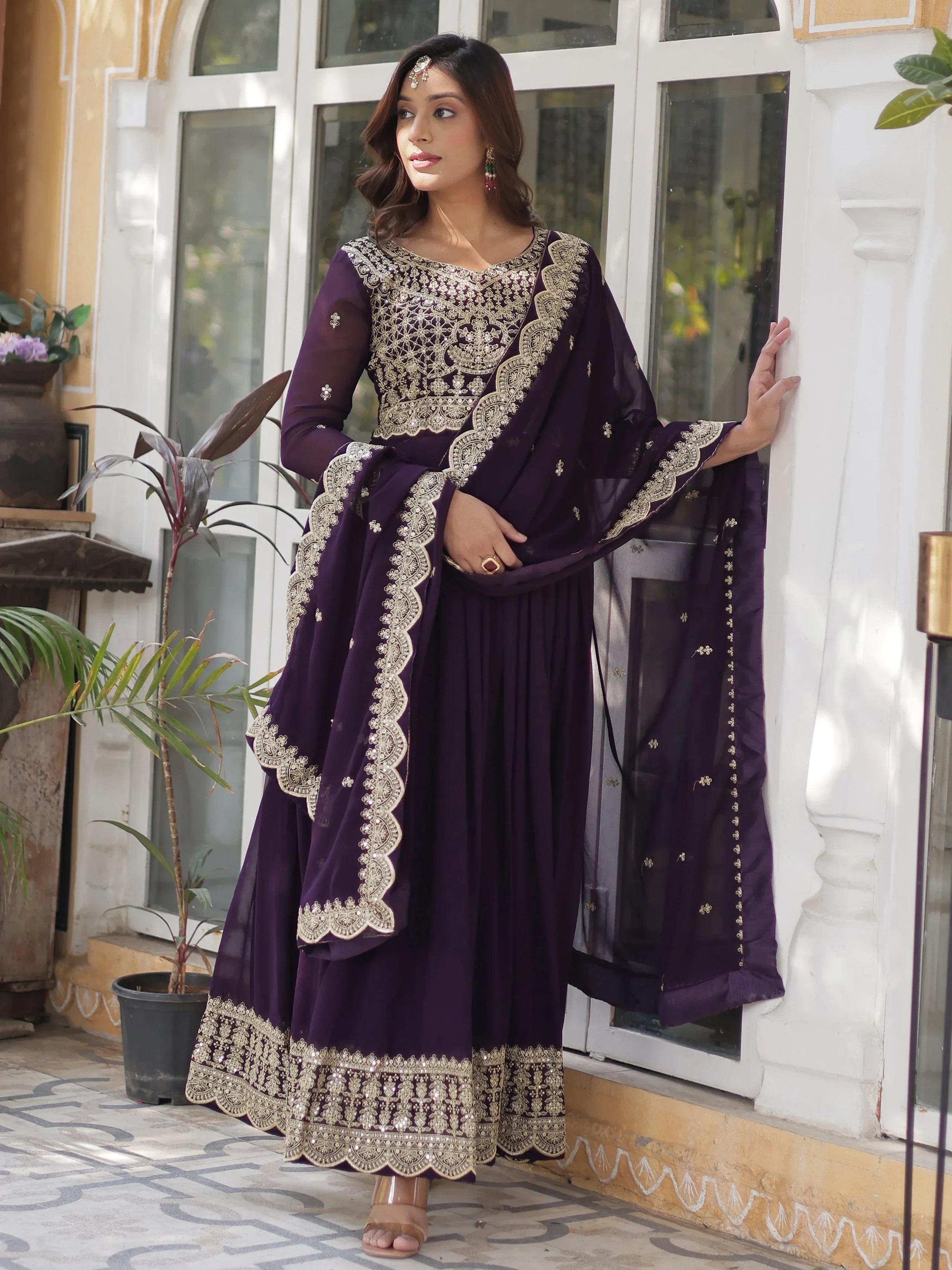 Purple Classic Embroidered Georgette Wedding Wear Gown With Dupatta