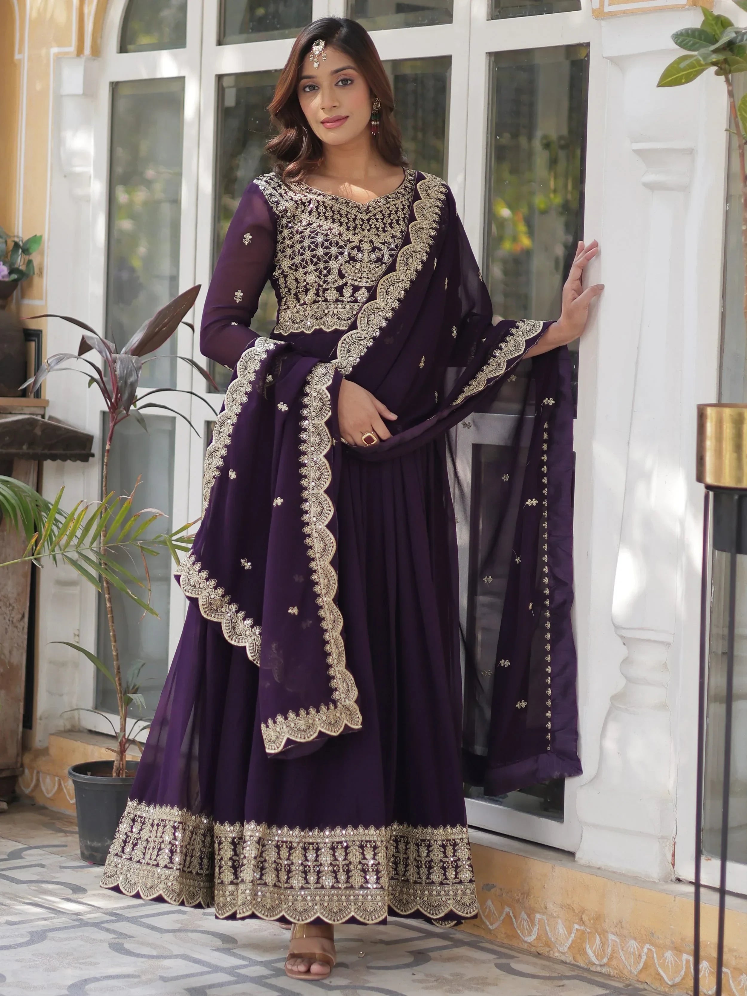 Purple Classic Embroidered Georgette Wedding Wear Gown With Dupatta