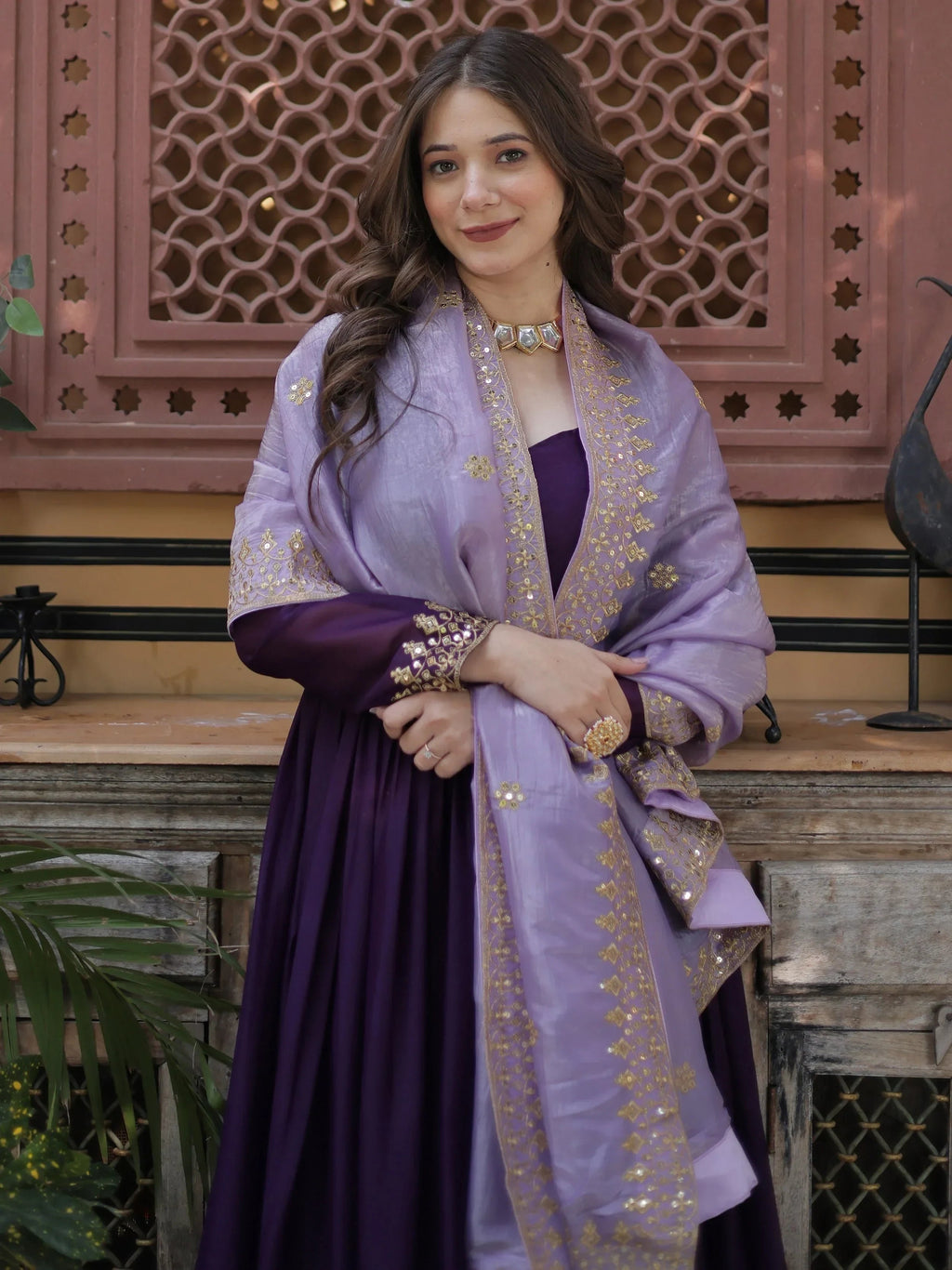 Classic Purple Embroidered Georgette Wedding Wear Gown With Dupatta