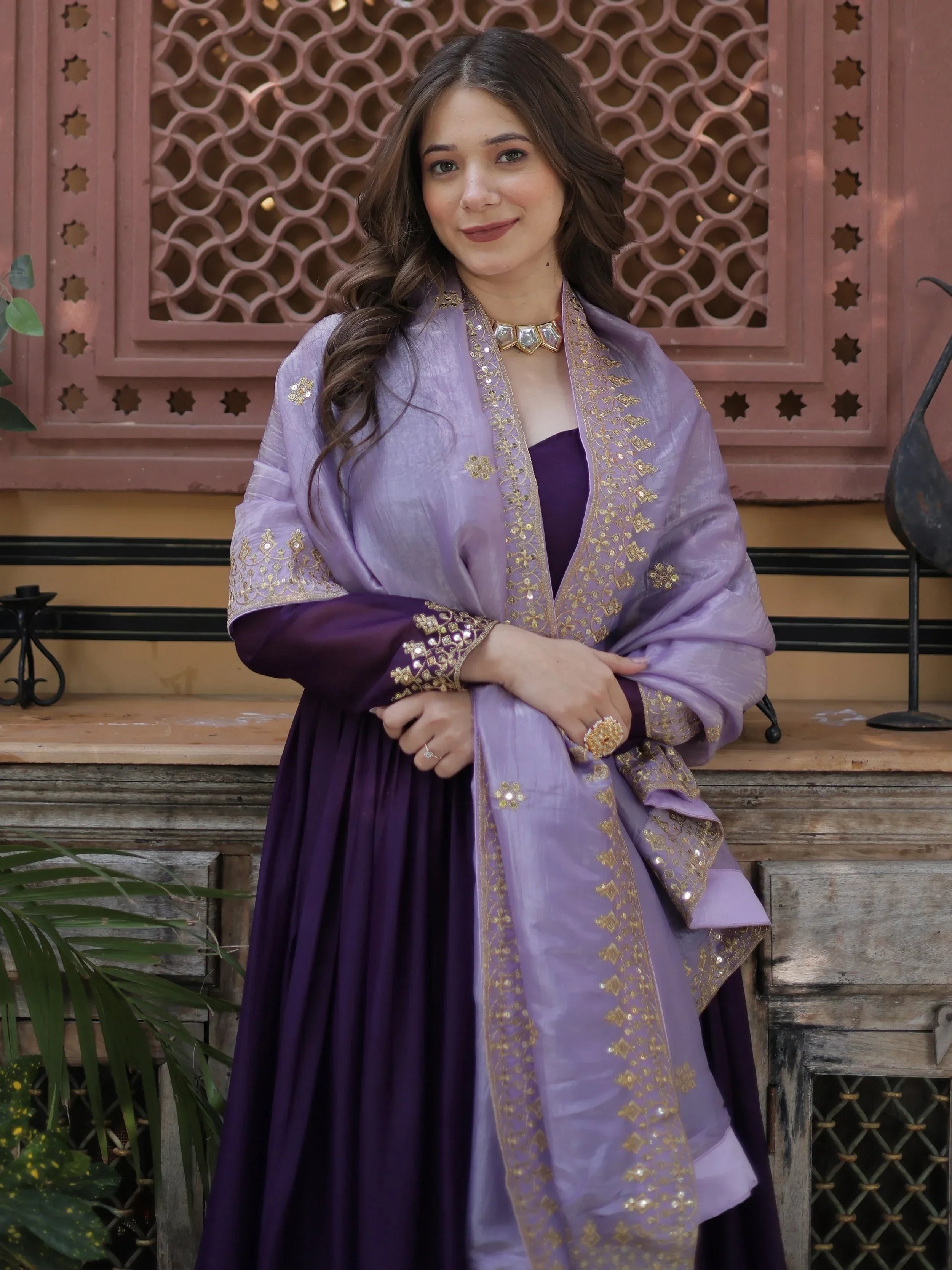 Classic Purple Embroidered Georgette Wedding Wear Gown With Dupatta
