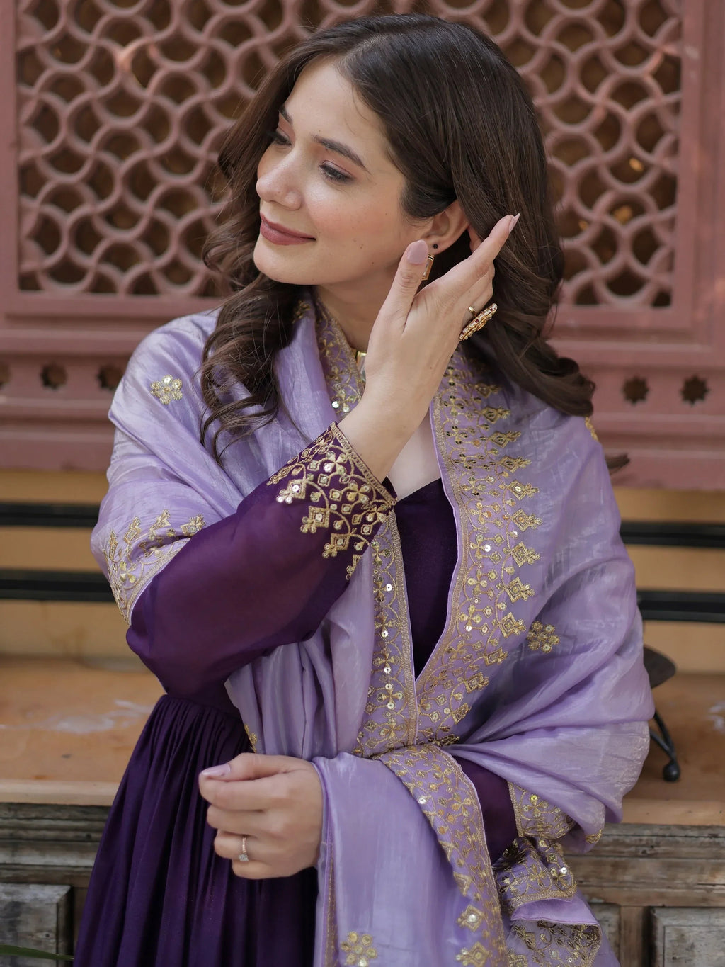 Classic Purple Embroidered Georgette Wedding Wear Gown With Dupatta