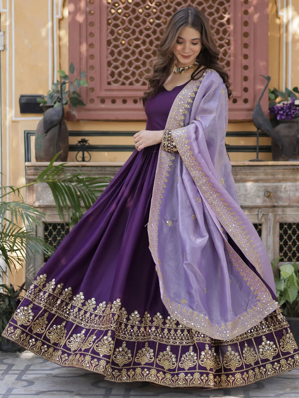 Classic Purple Embroidered Georgette Wedding Wear Gown With Dupatta