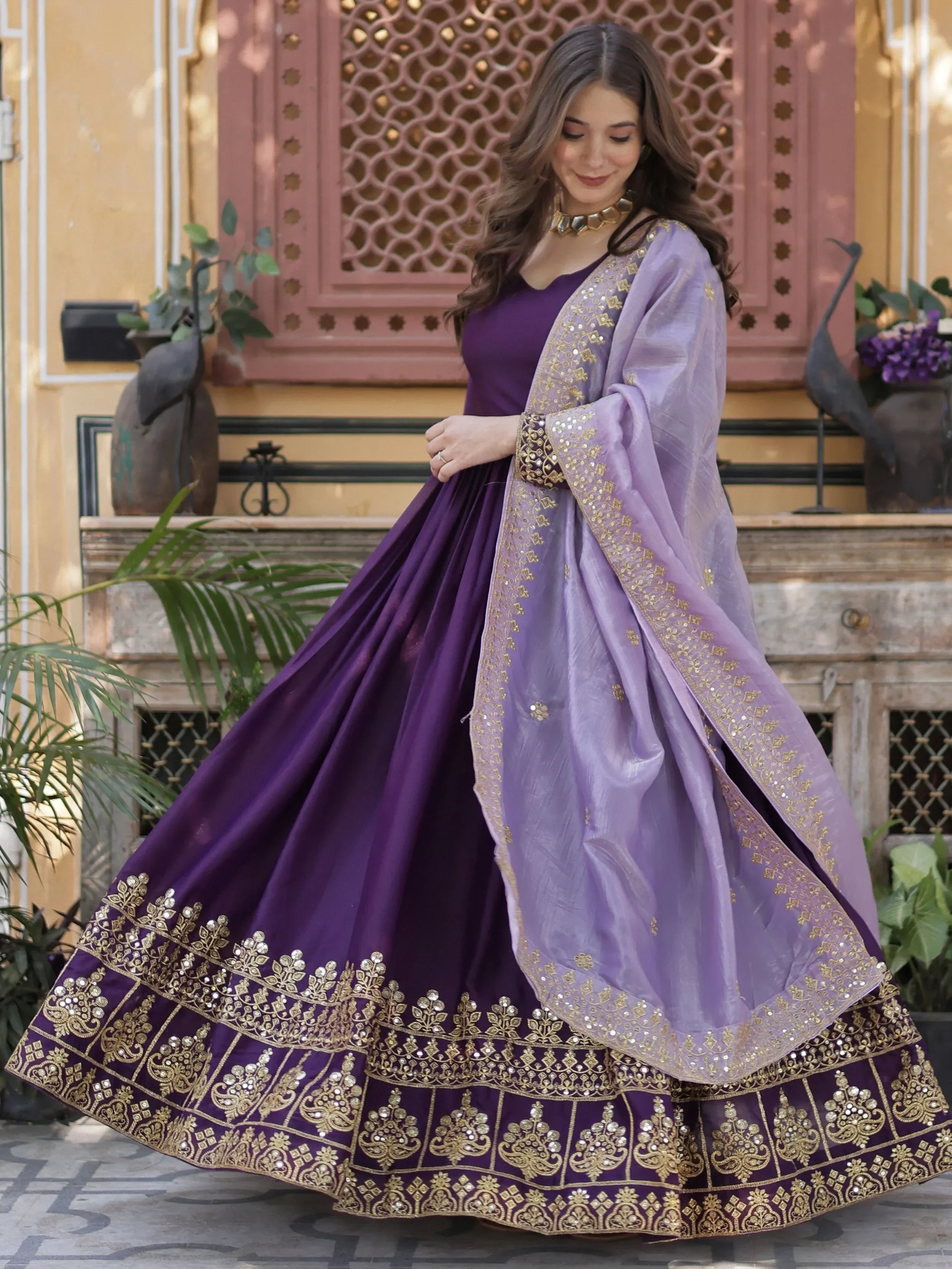 Classic Purple Embroidered Georgette Wedding Wear Gown With Dupatta