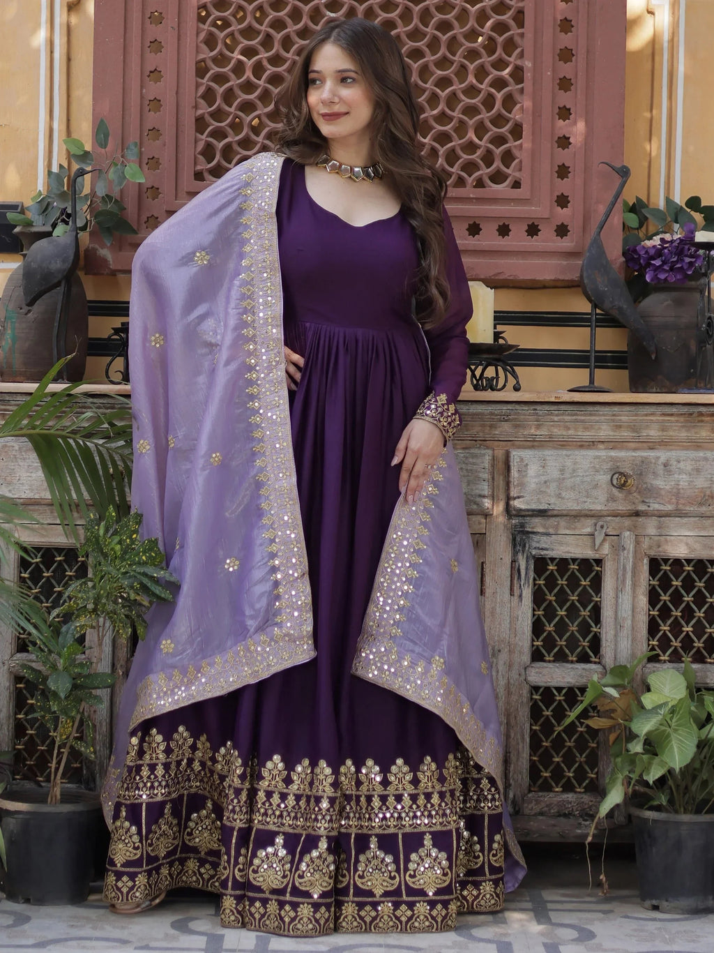 Classic Purple Embroidered Georgette Wedding Wear Gown With Dupatta
