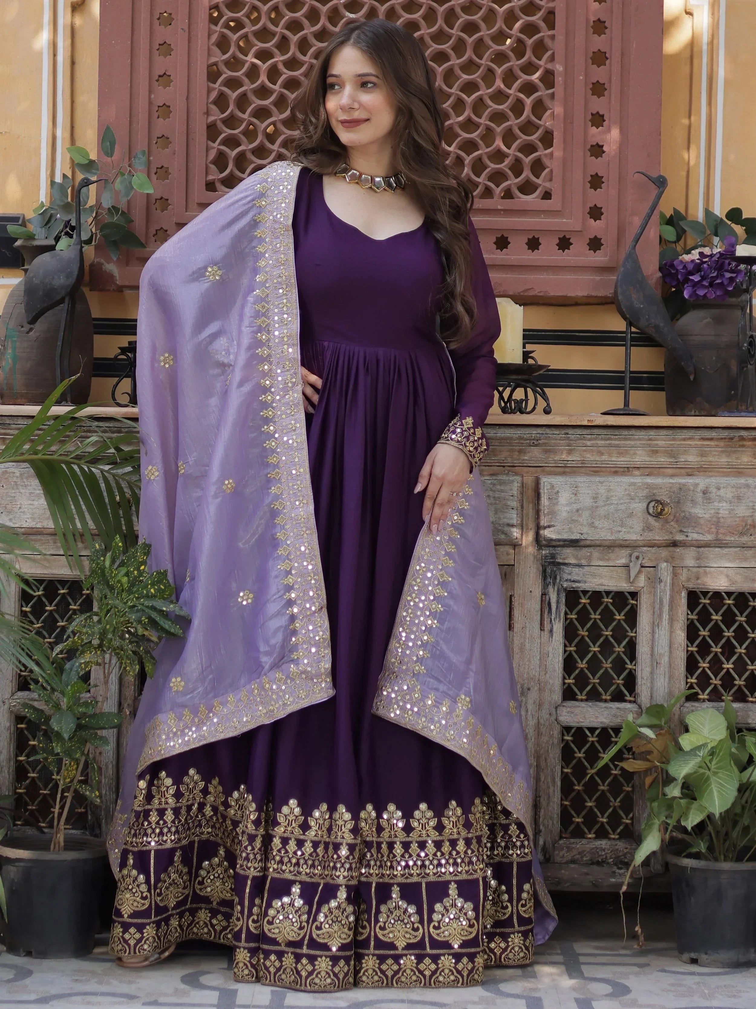 Classic Purple Embroidered Georgette Wedding Wear Gown With Dupatta