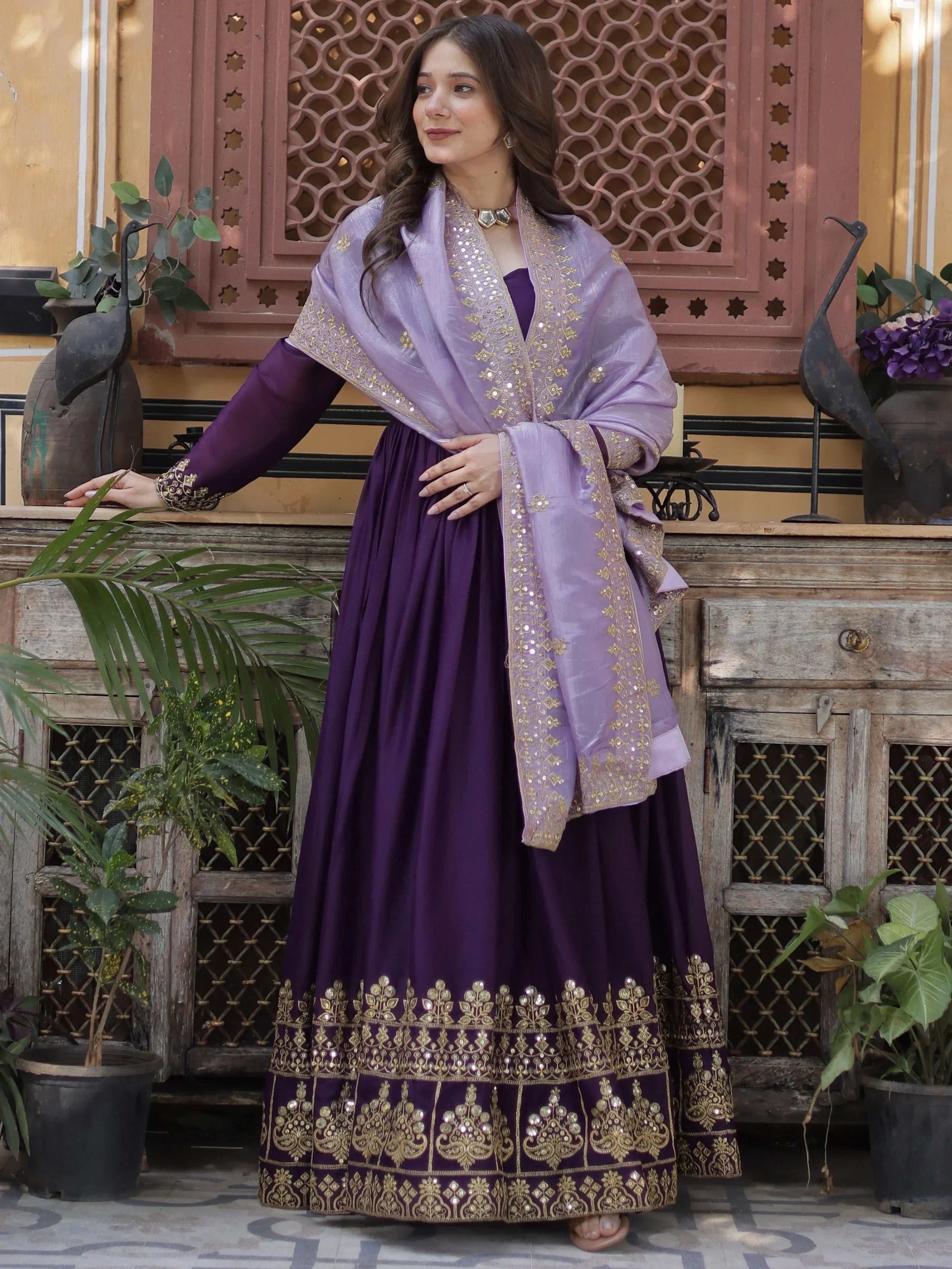 Classic Purple Embroidered Georgette Wedding Wear Gown With Dupatta
