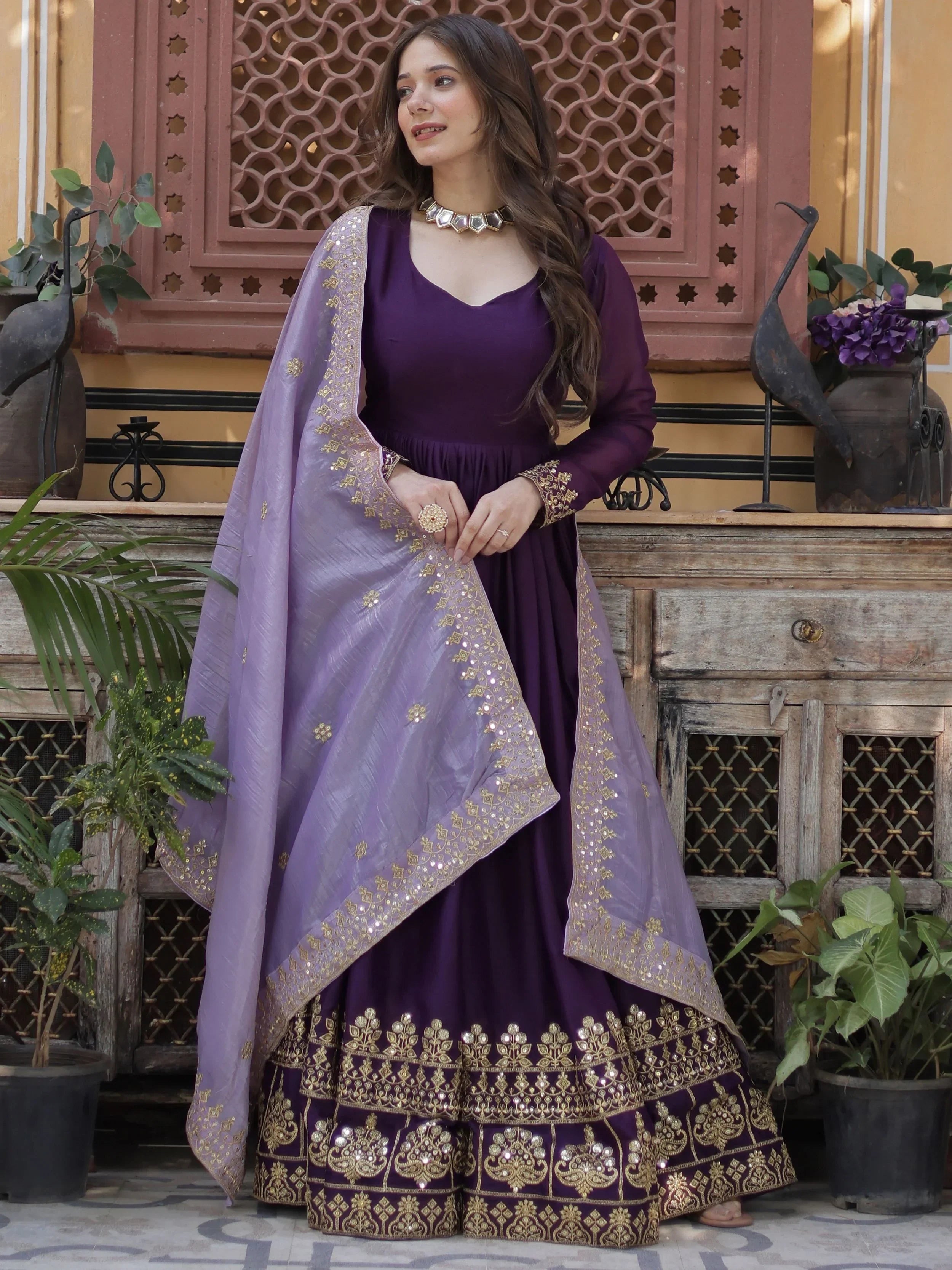 Classic Purple Embroidered Georgette Wedding Wear Gown With Dupatta
