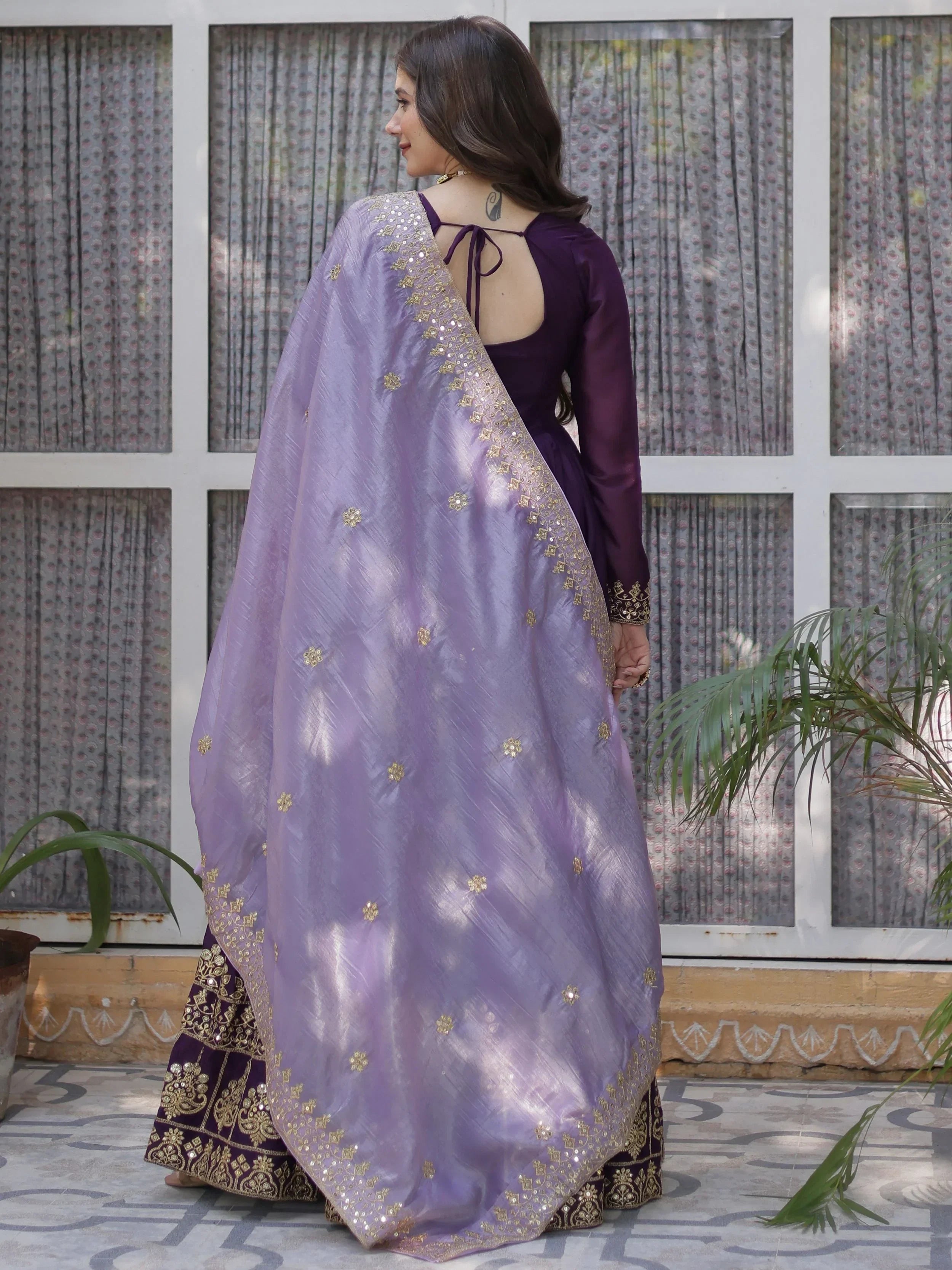 Classic Purple Embroidered Georgette Wedding Wear Gown With Dupatta