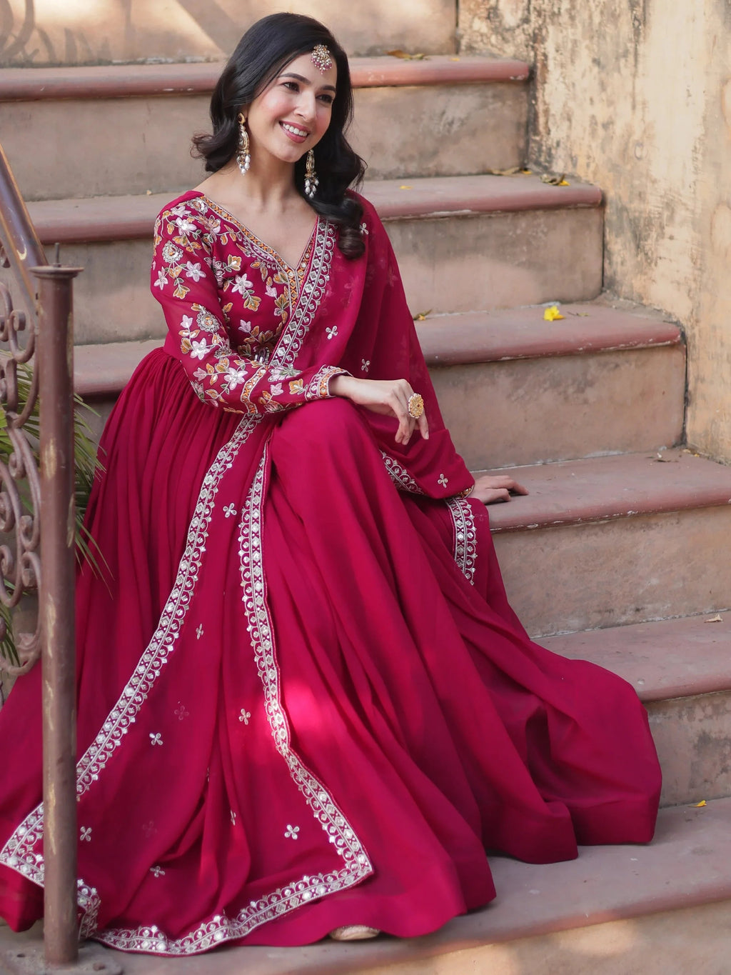 Pink Noteworthy Floral Work Georgette Engagement Wear Gown With Dupatta