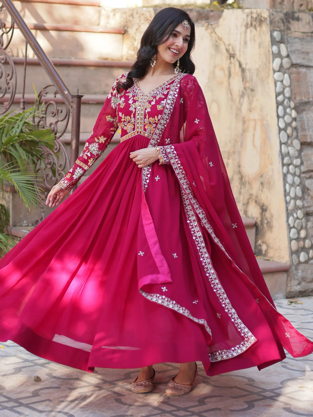 Pink Noteworthy Floral Work Georgette Engagement Wear Gown With Dupatta