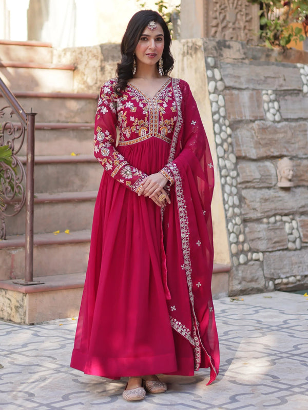 Pink Noteworthy Floral Work Georgette Engagement Wear Gown With Dupatta