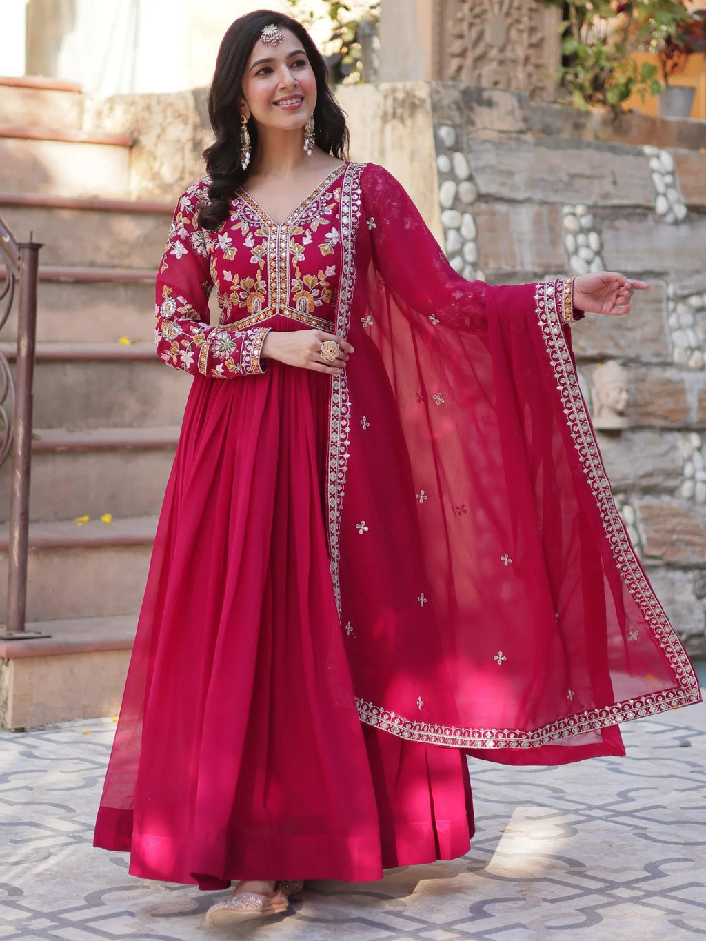 Pink Noteworthy Floral Work Georgette Engagement Wear Gown With Dupatta