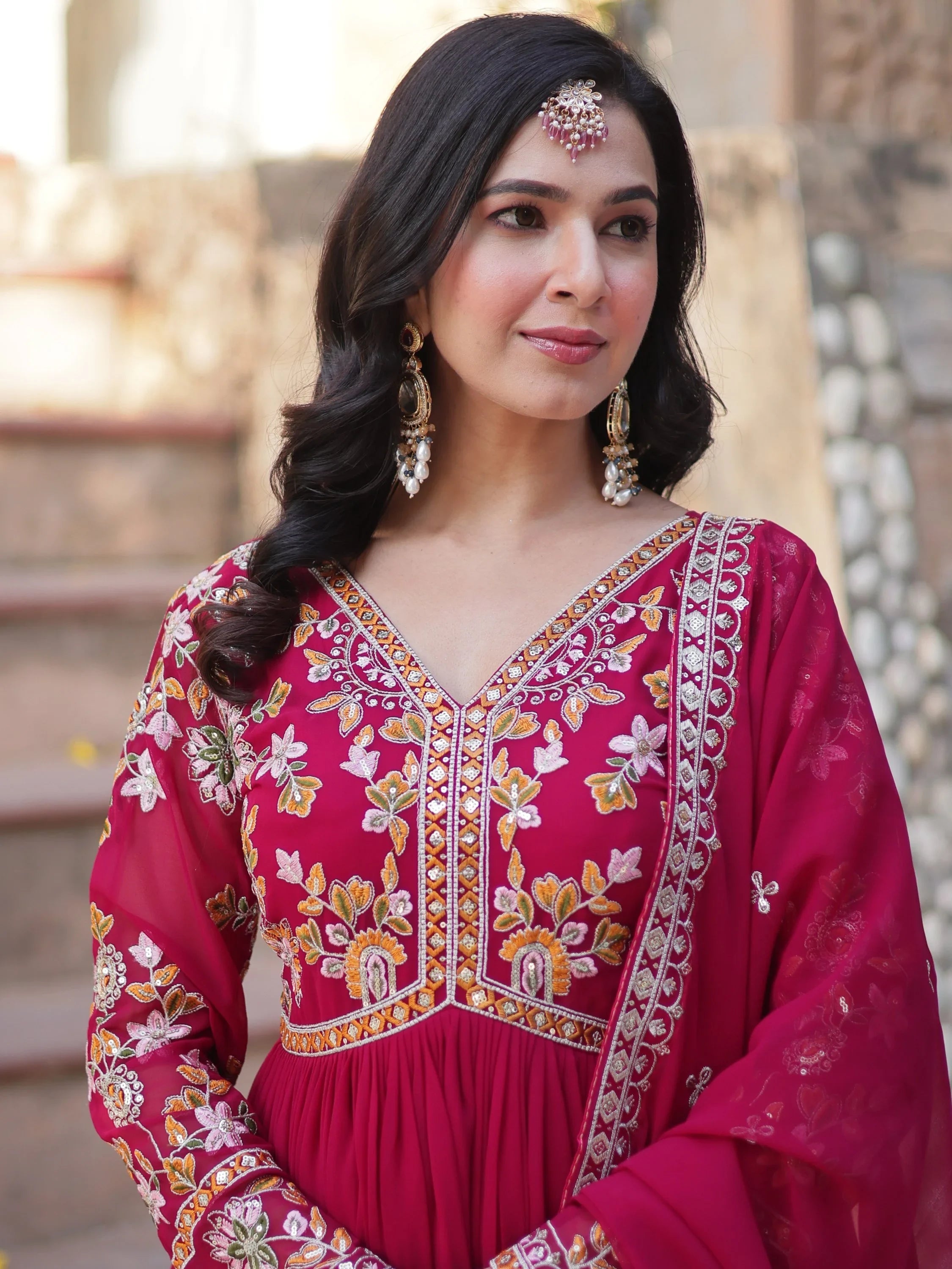 Pink Noteworthy Floral Work Georgette Engagement Wear Gown With Dupatta