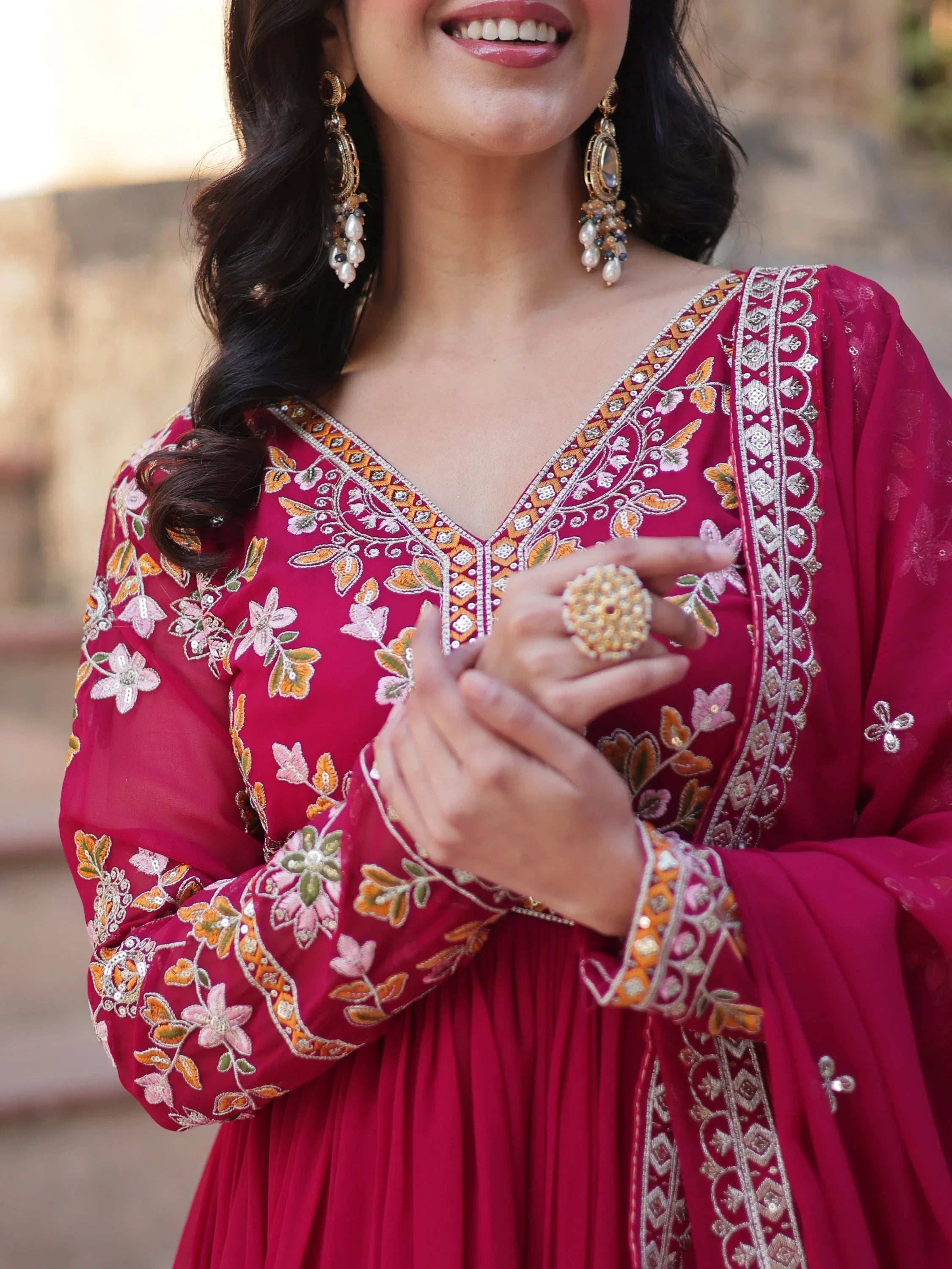 Pink Noteworthy Floral Work Georgette Engagement Wear Gown With Dupatta