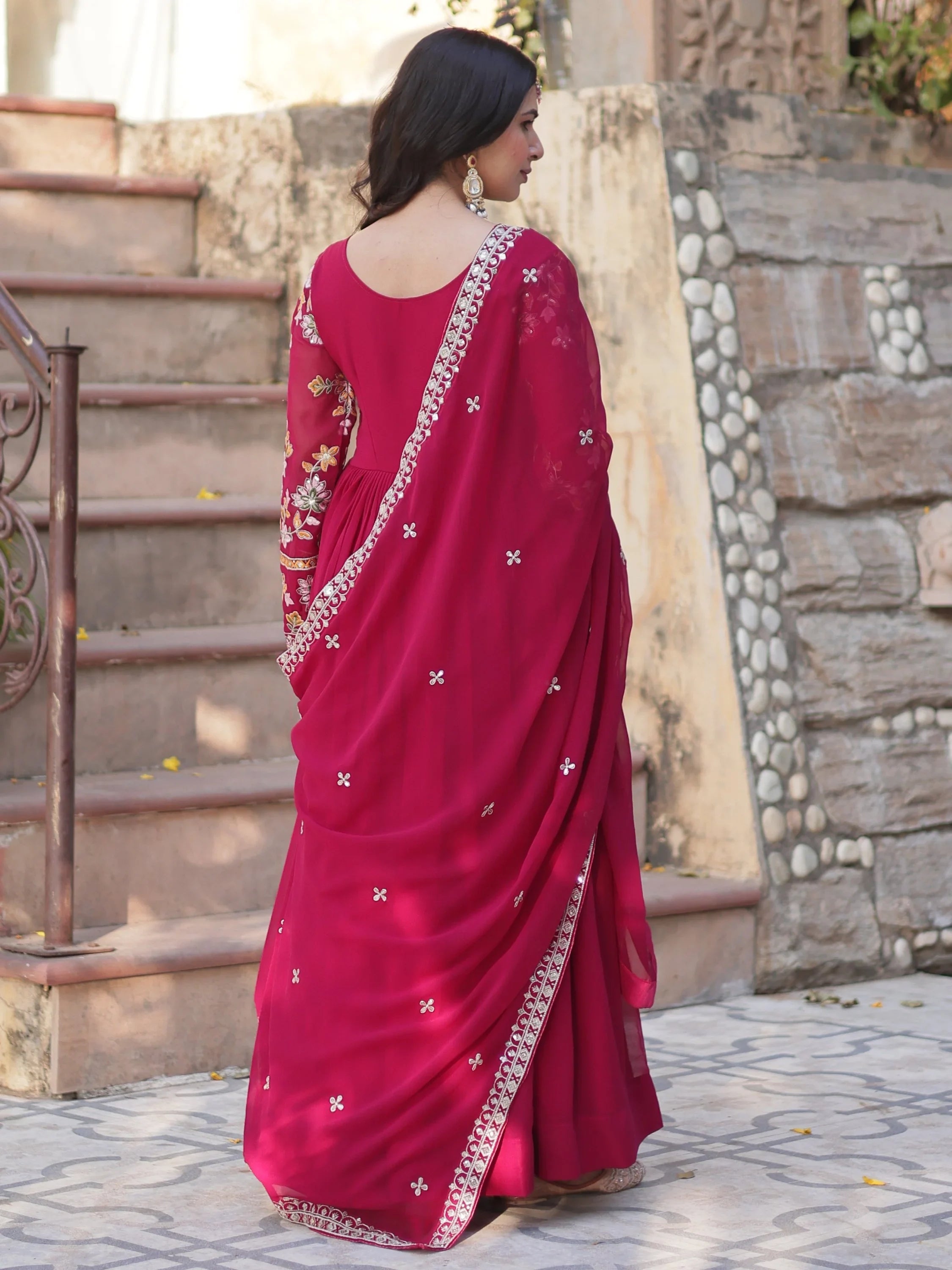 Pink Noteworthy Floral Work Georgette Engagement Wear Gown With Dupatta