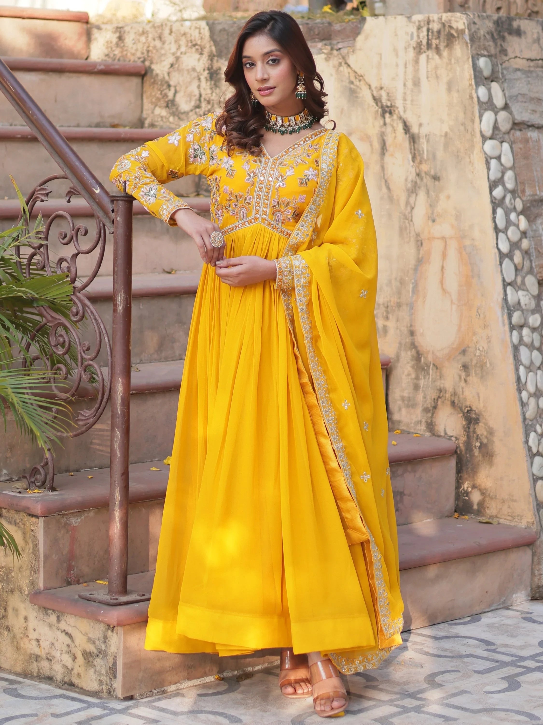 Yellow Noteworthy Floral Work Georgette Engagement Wear Gown With Dupatta