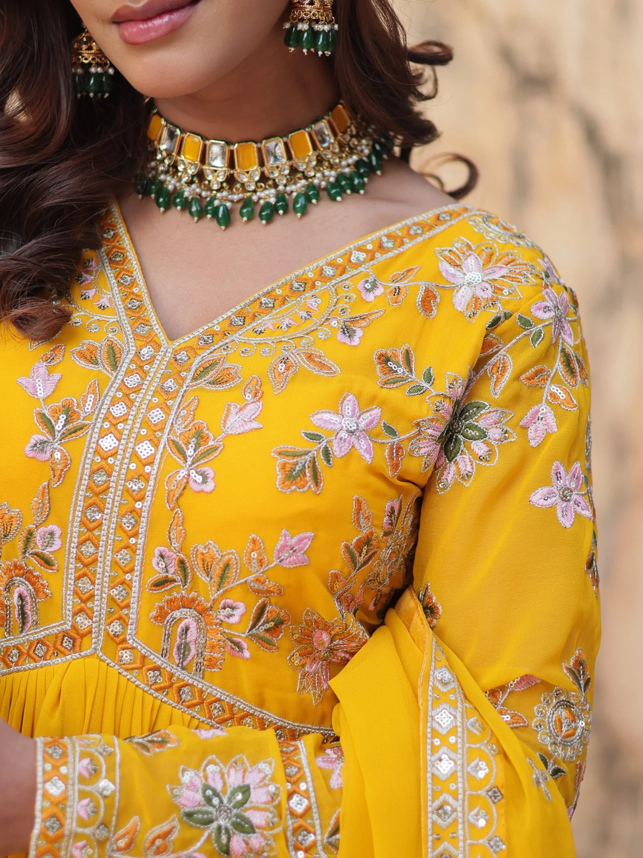 Yellow Noteworthy Floral Work Georgette Engagement Wear Gown With Dupatta