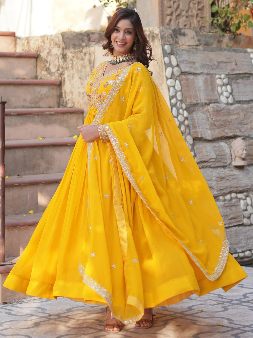 Yellow Noteworthy Floral Work Georgette Engagement Wear Gown With Dupatta