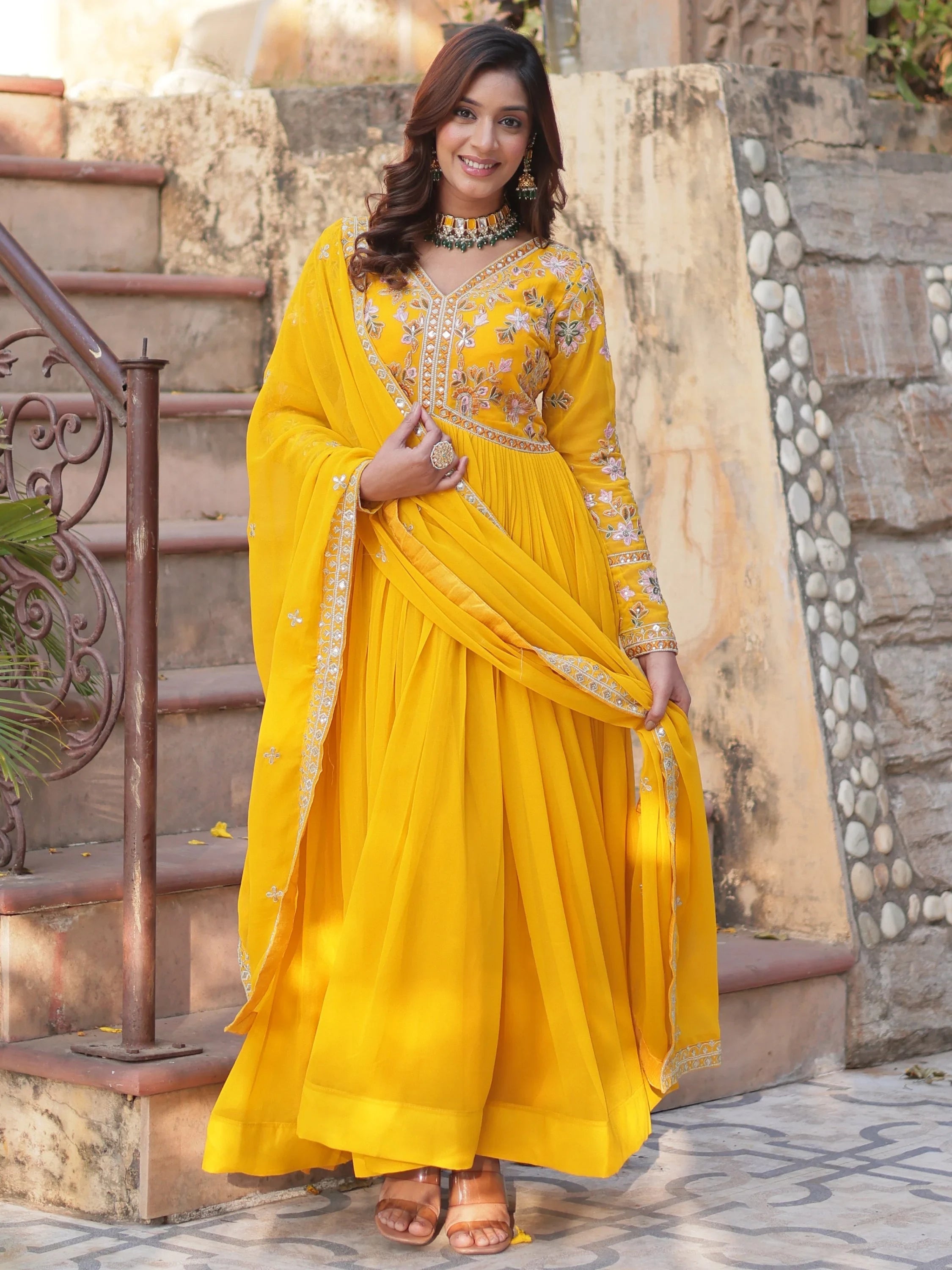 Yellow Noteworthy Floral Work Georgette Engagement Wear Gown With Dupatta