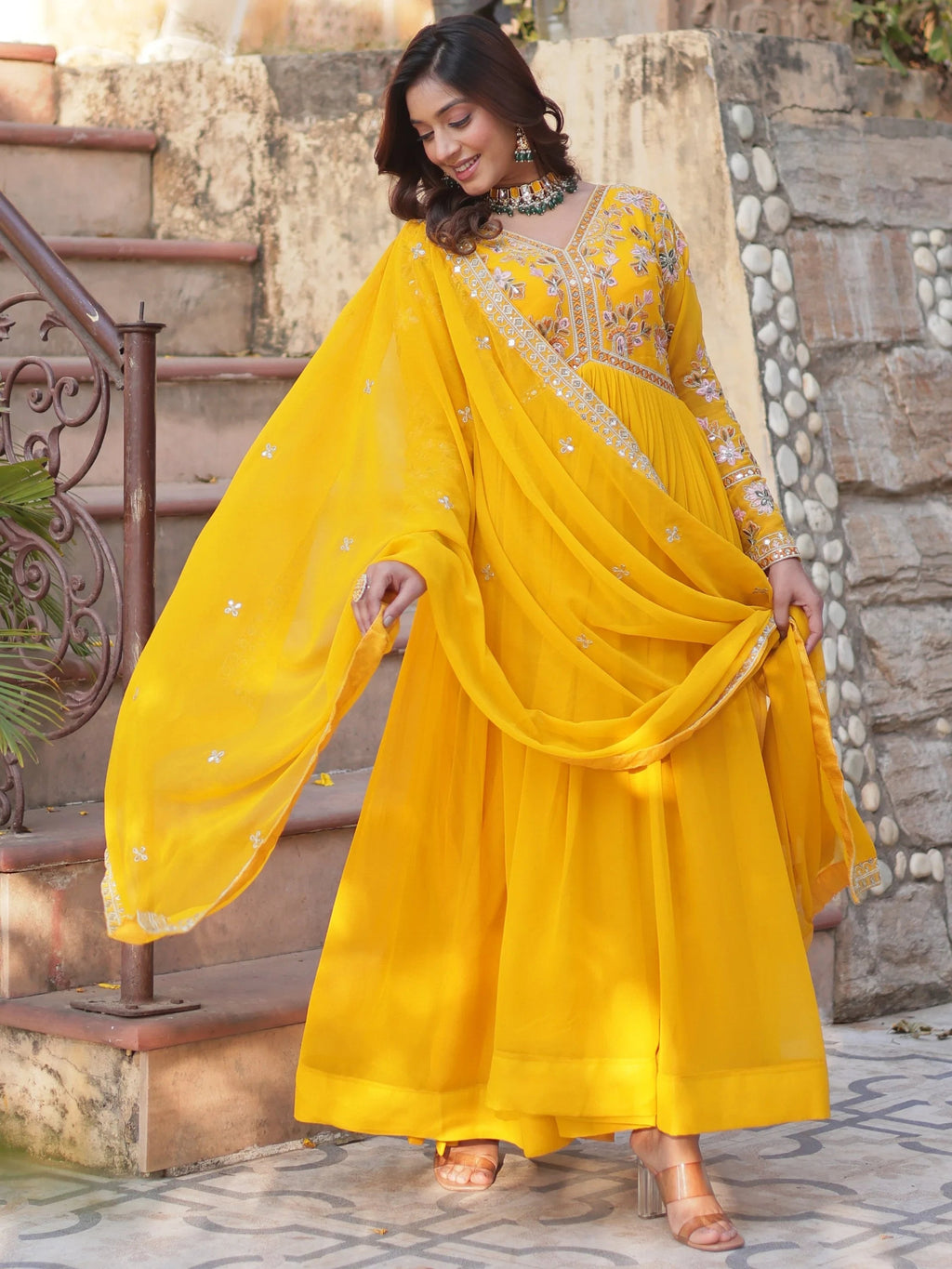 Yellow Noteworthy Floral Work Georgette Engagement Wear Gown With Dupatta