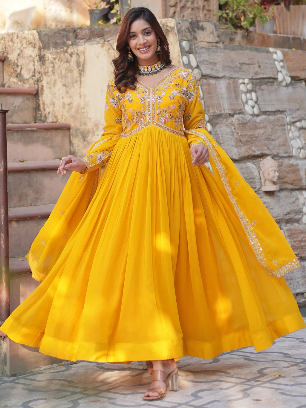 Yellow Noteworthy Floral Work Georgette Engagement Wear Gown With Dupatta