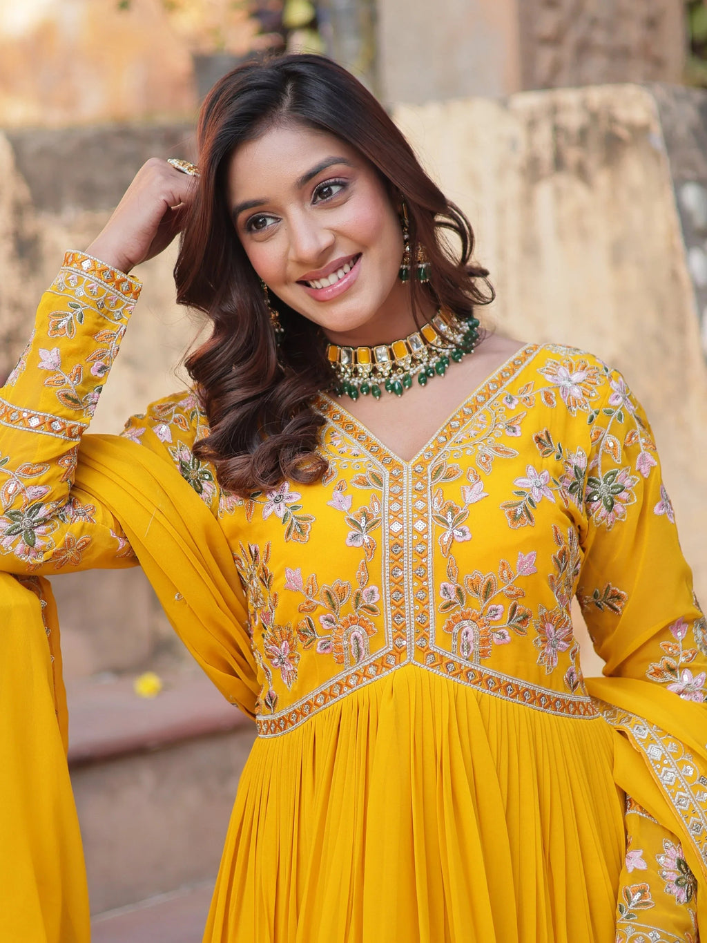 Yellow Noteworthy Floral Work Georgette Engagement Wear Gown With Dupatta
