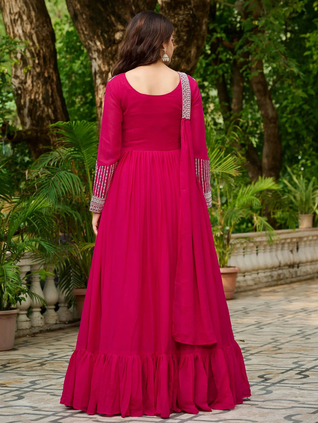 Pink Amazing Georgette Beads Work Gown With Dupatta