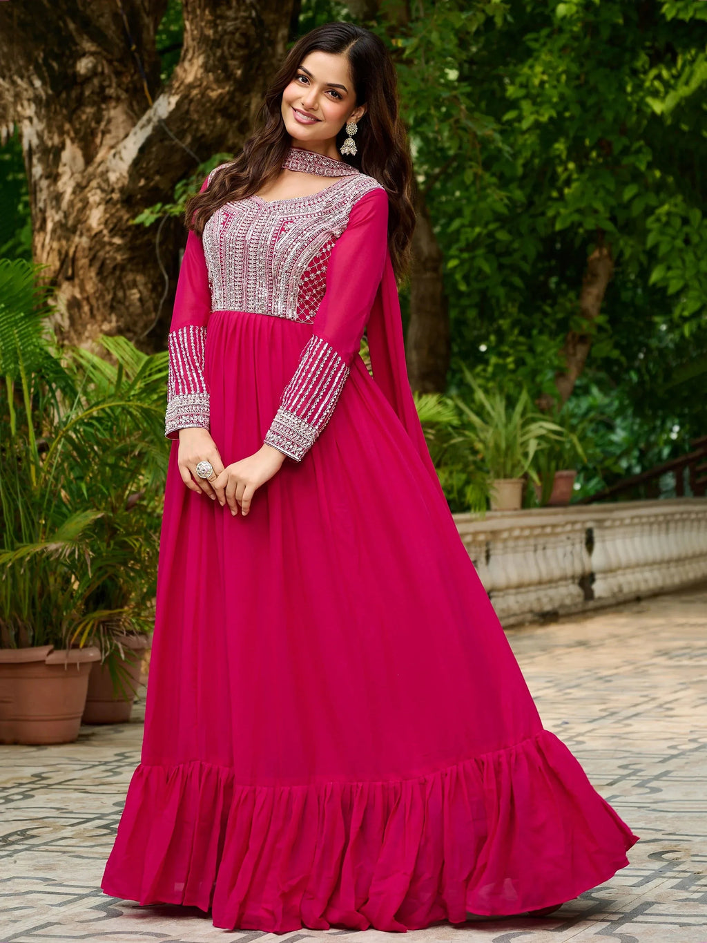 Pink Amazing Georgette Beads Work Gown With Dupatta