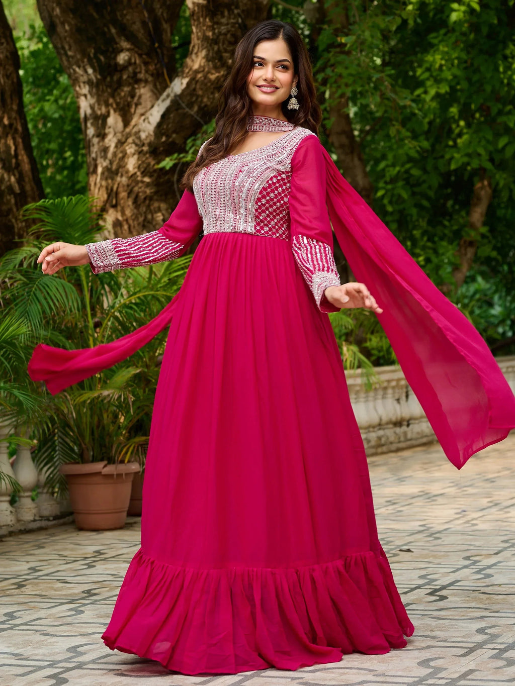 Pink Amazing Georgette Beads Work Gown With Dupatta