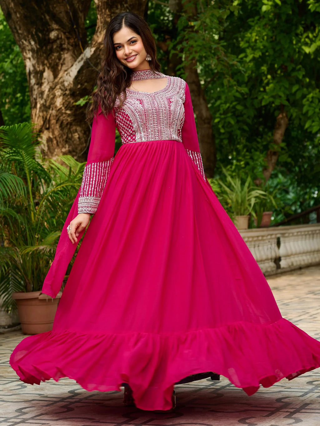 Pink Amazing Georgette Beads Work Gown With Dupatta