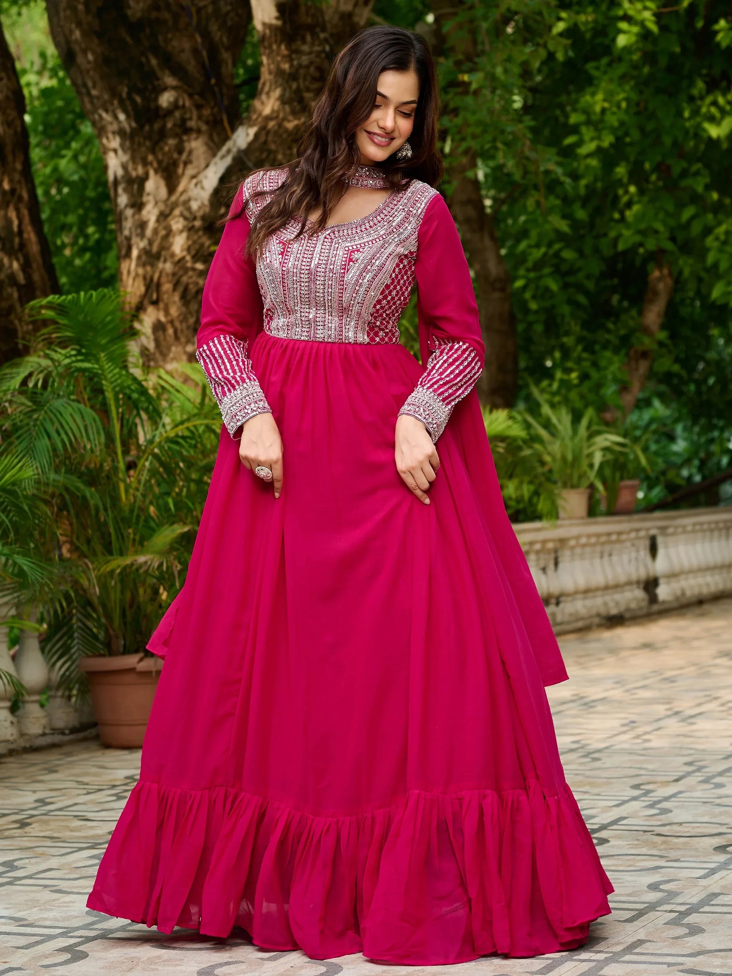 Pink Amazing Georgette Beads Work Gown With Dupatta